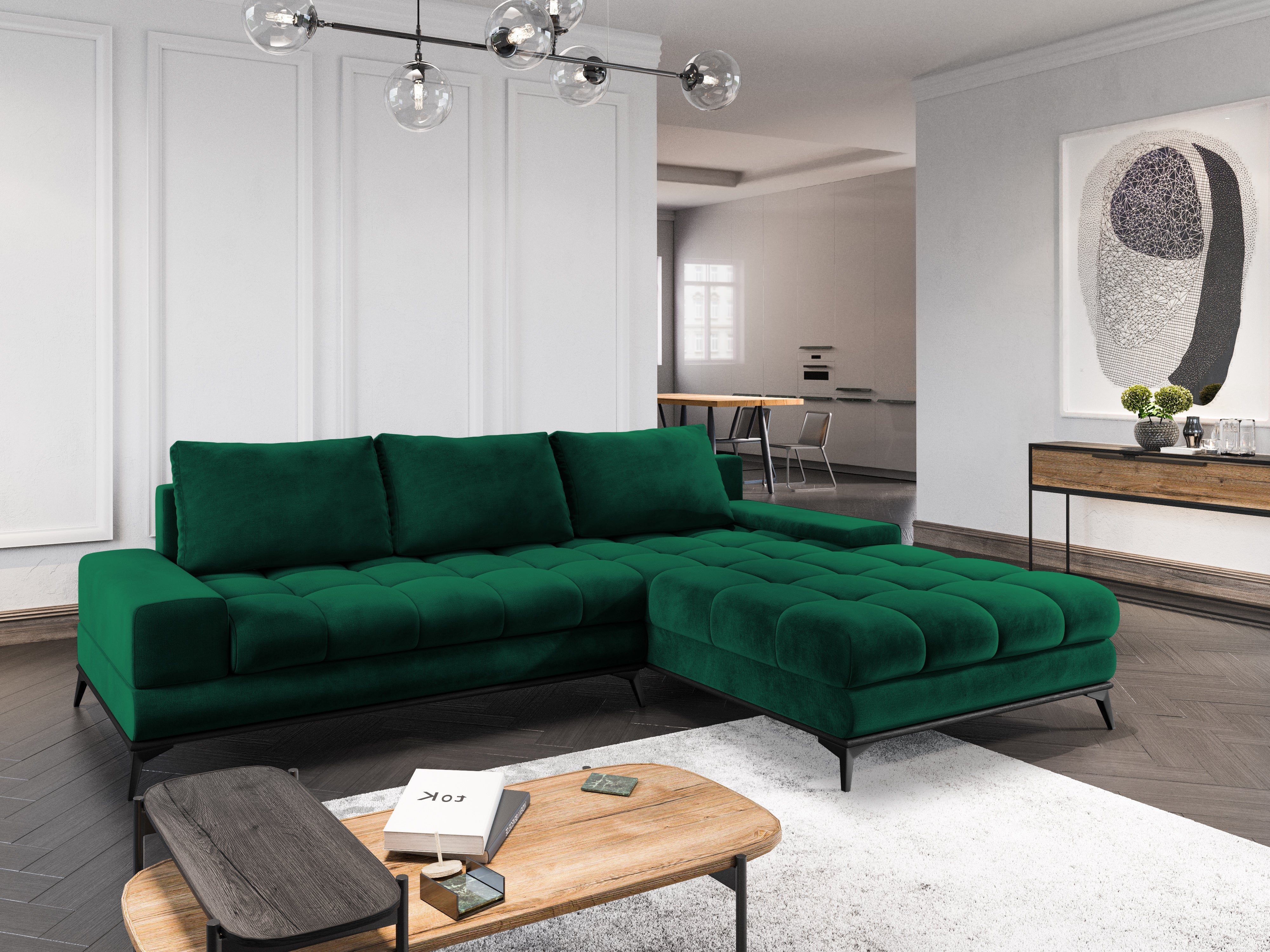 Velvet corner sofa with sleeping function right DENEB bottle green