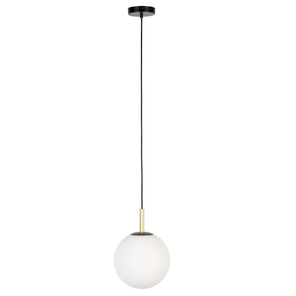 Orion is a unique hanging lamp that will complement any modern dining room. A great place to hang it is the space above the table. Thanks to its design, it is also great in a minimalist bedroom. A glass lampshade in milk will bring an elegance to every home. Metal elements along with embossed brass details will not overwhelm any room, even when a few are hanged side by side.