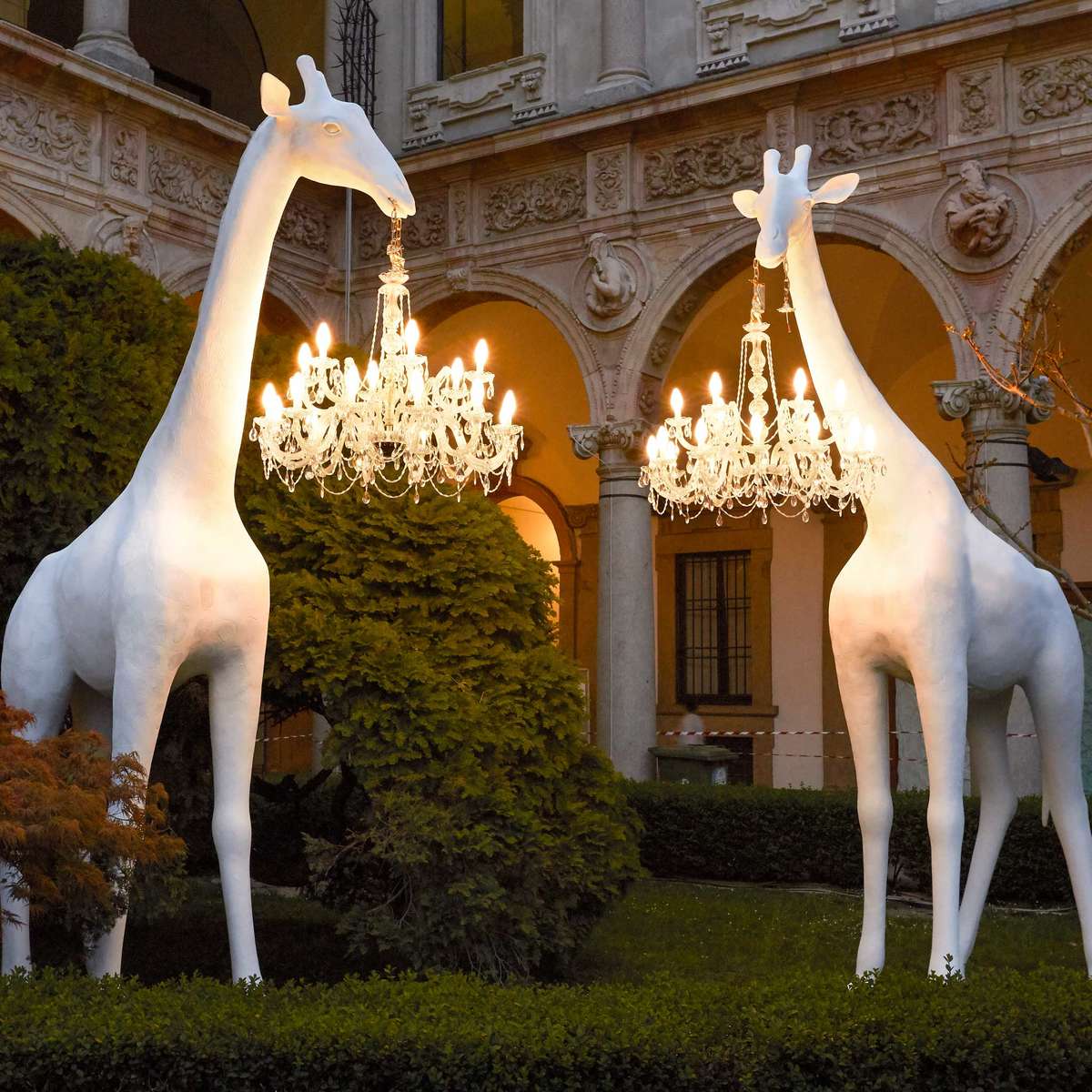 Giraffe in Love Indoor is a phenomenal lamp, designed by Marcantonio, with the size of the authentic young giraffe. The majestic giraffe holds a chandelier in the style of Maria Teresa in a miniature version. This is the perfect combination of good design with functionality.