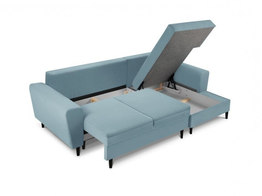 light blue corner with storage compartments