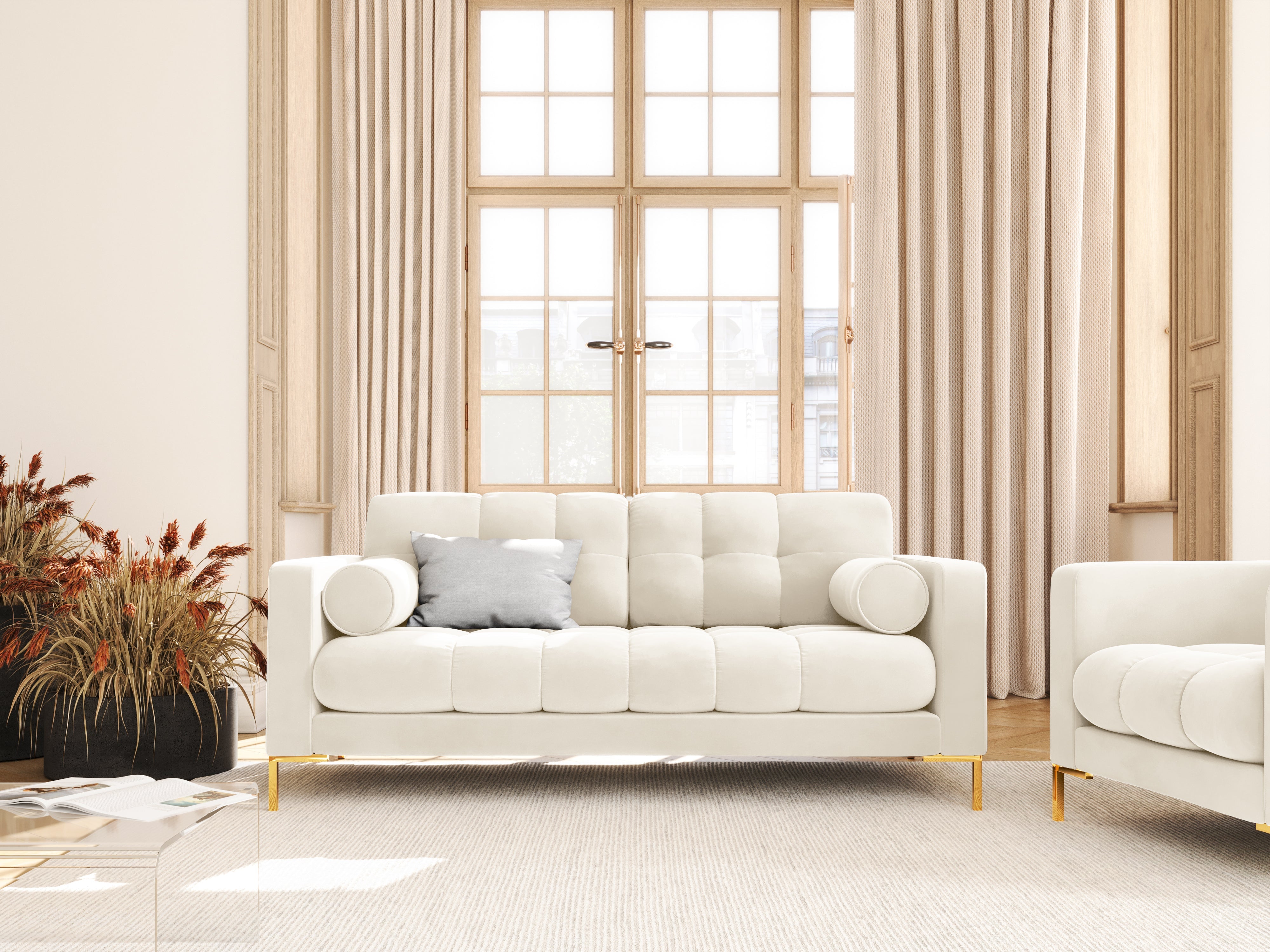 Velvet 2-seater sofa BALI light beige with gold base