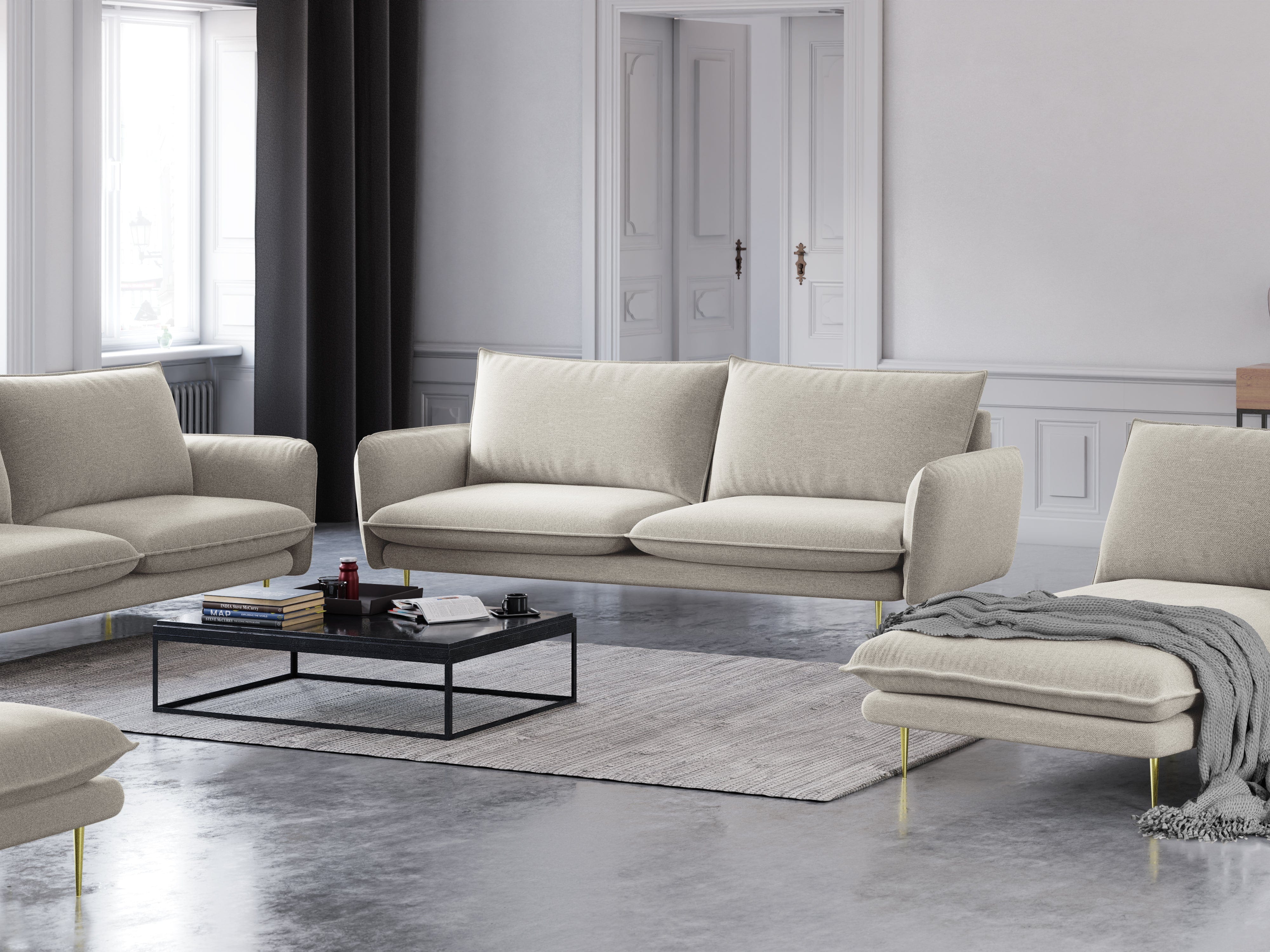 3-seater sofa VIENNA sand with gold base