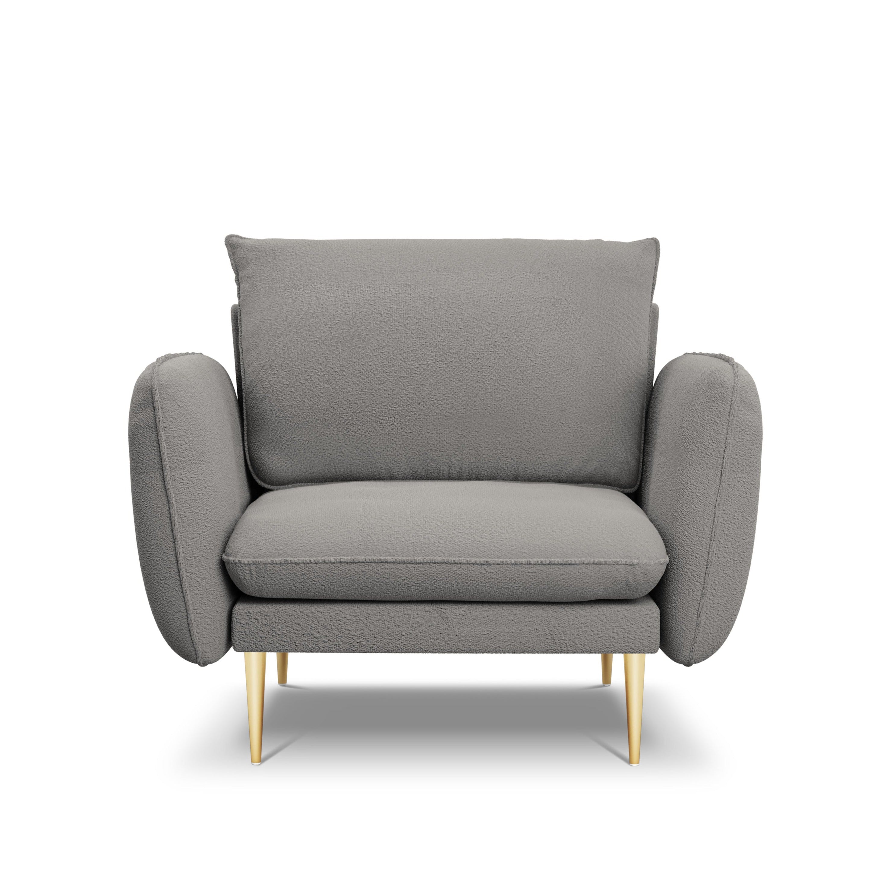 Armchair in boucle fabric VIENNA grey with gold base