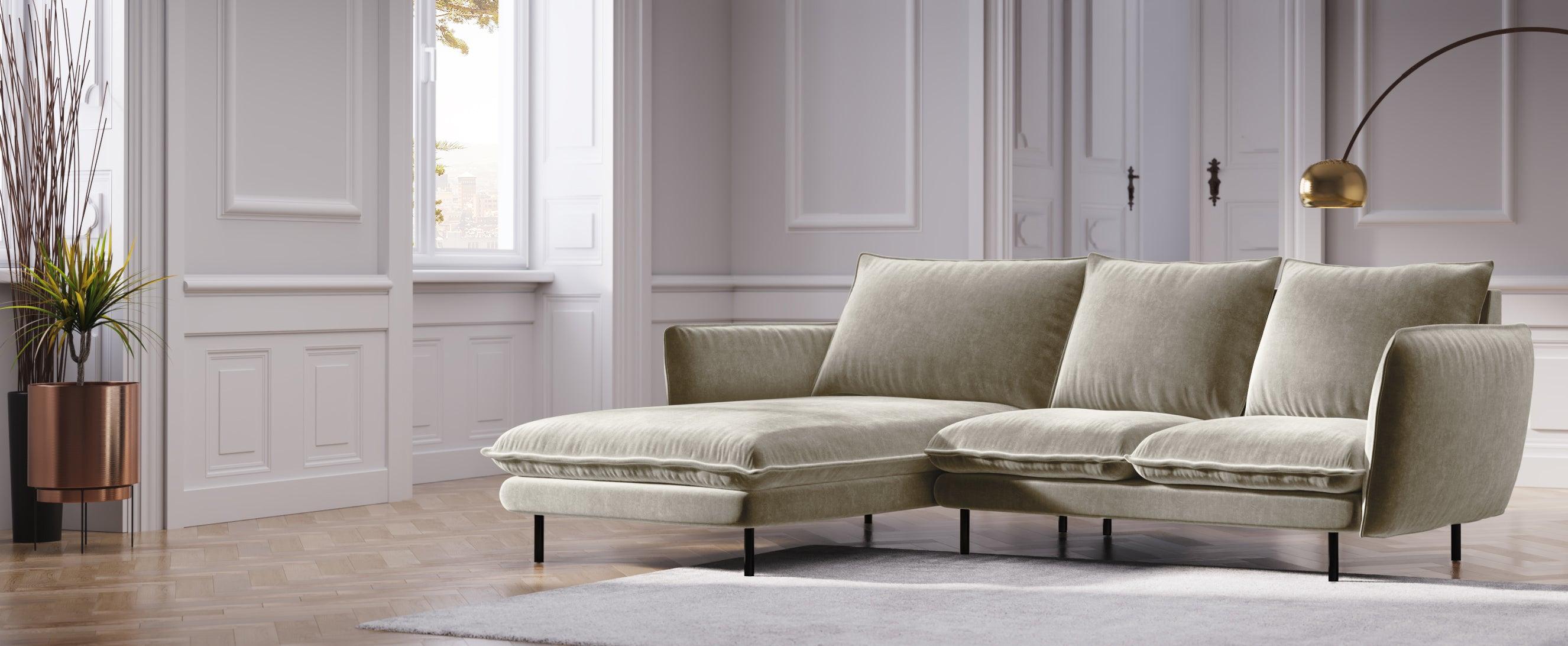 VIENNA left-hand velvet corner sofa beige with black base