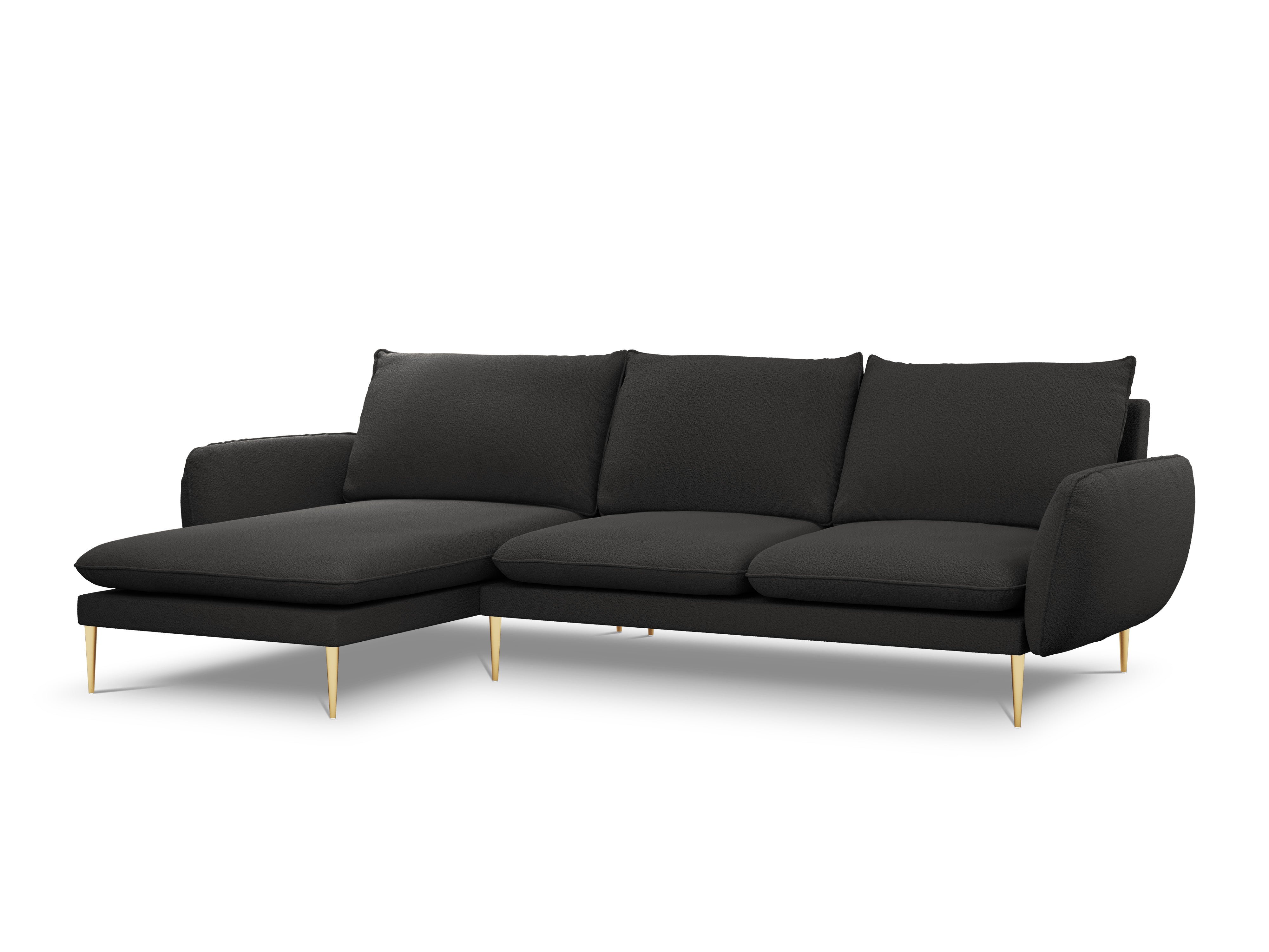 Corner sofa in boucle fabric left side VIENNA black with gold base