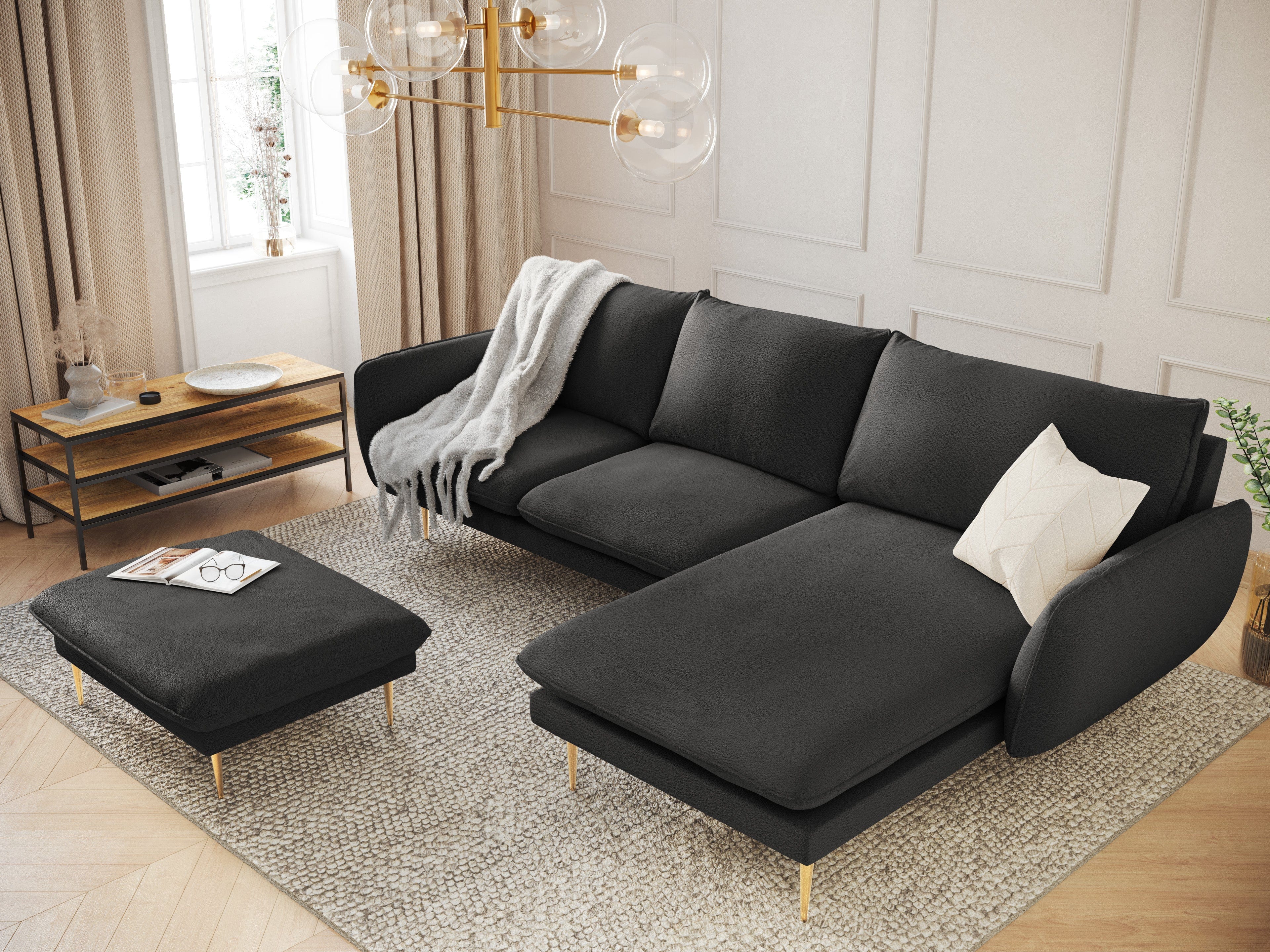 Corner sofa in boucle fabric right side VIENNA black with gold base