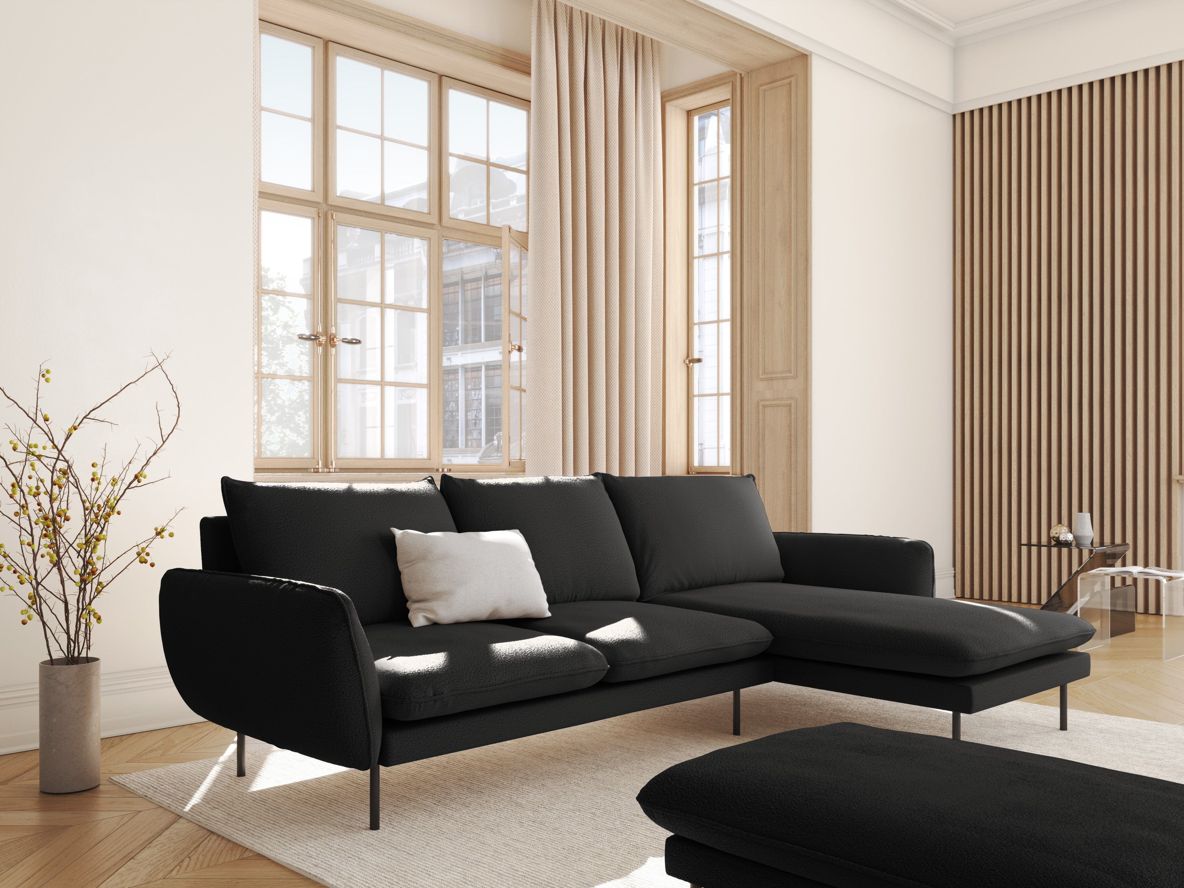 Corner sofa in boucle fabric right side VIENNA black with black base