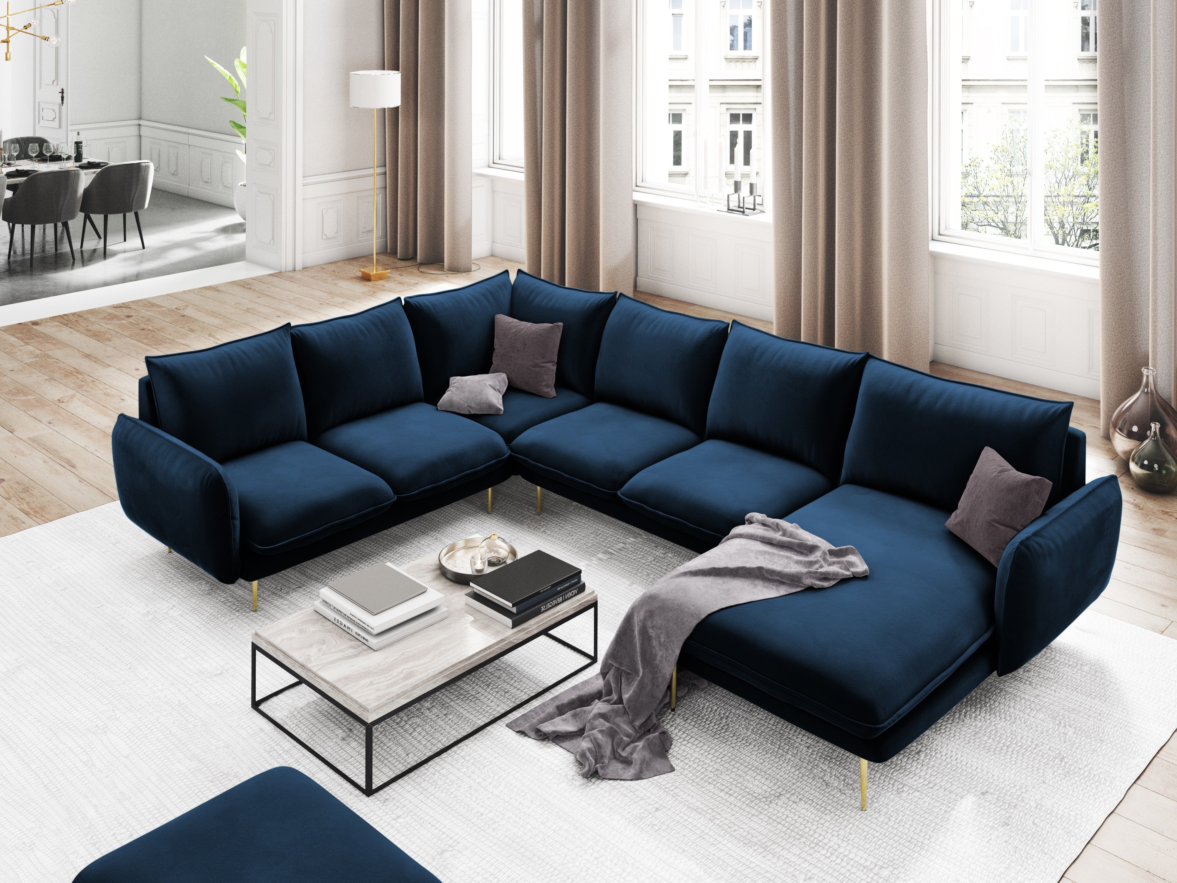 Left side velvet panoramic corner sofa VIENNA blue with gold base