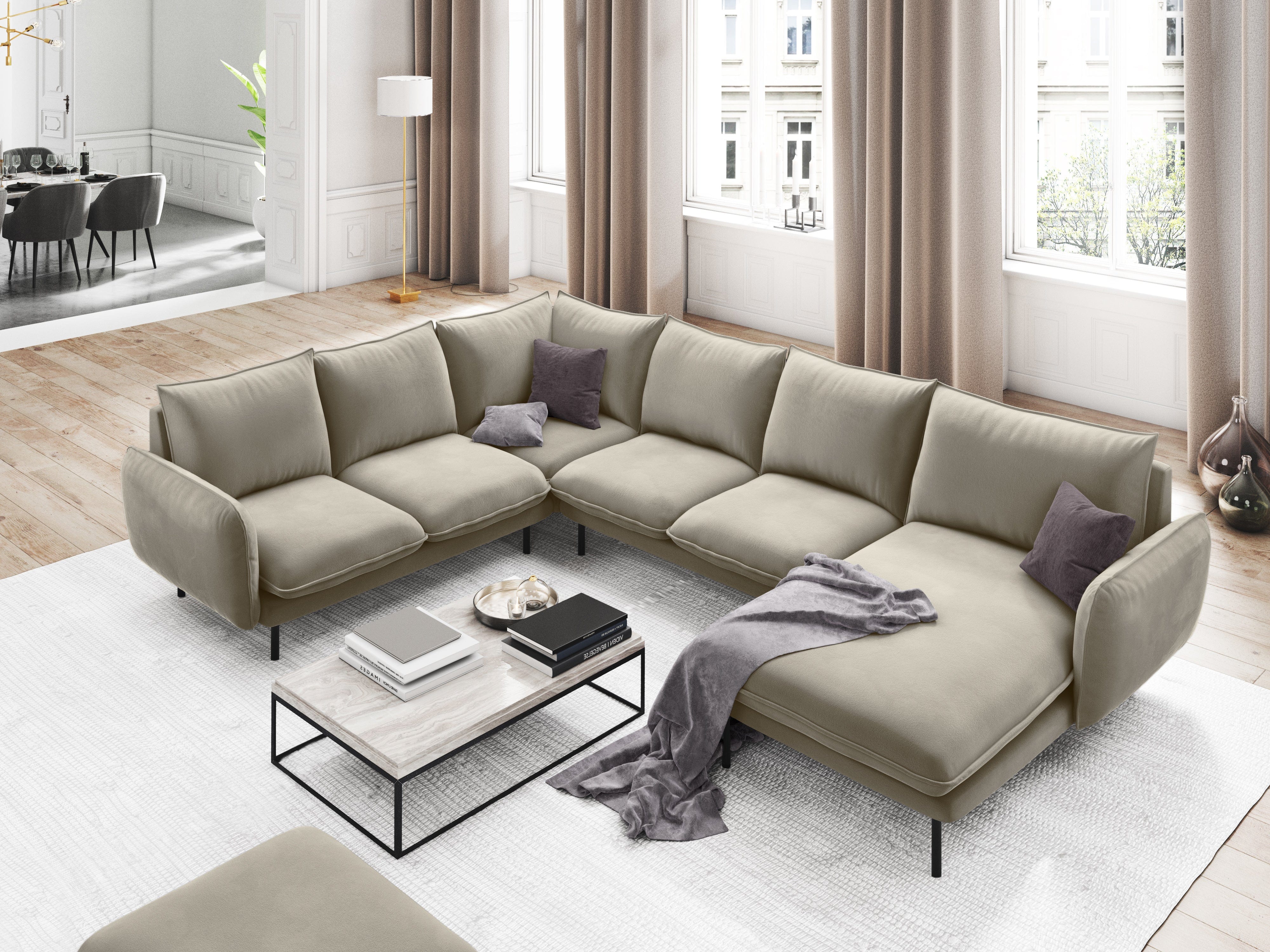 Left side velvet panoramic corner sofa VIENNA beige with gold base