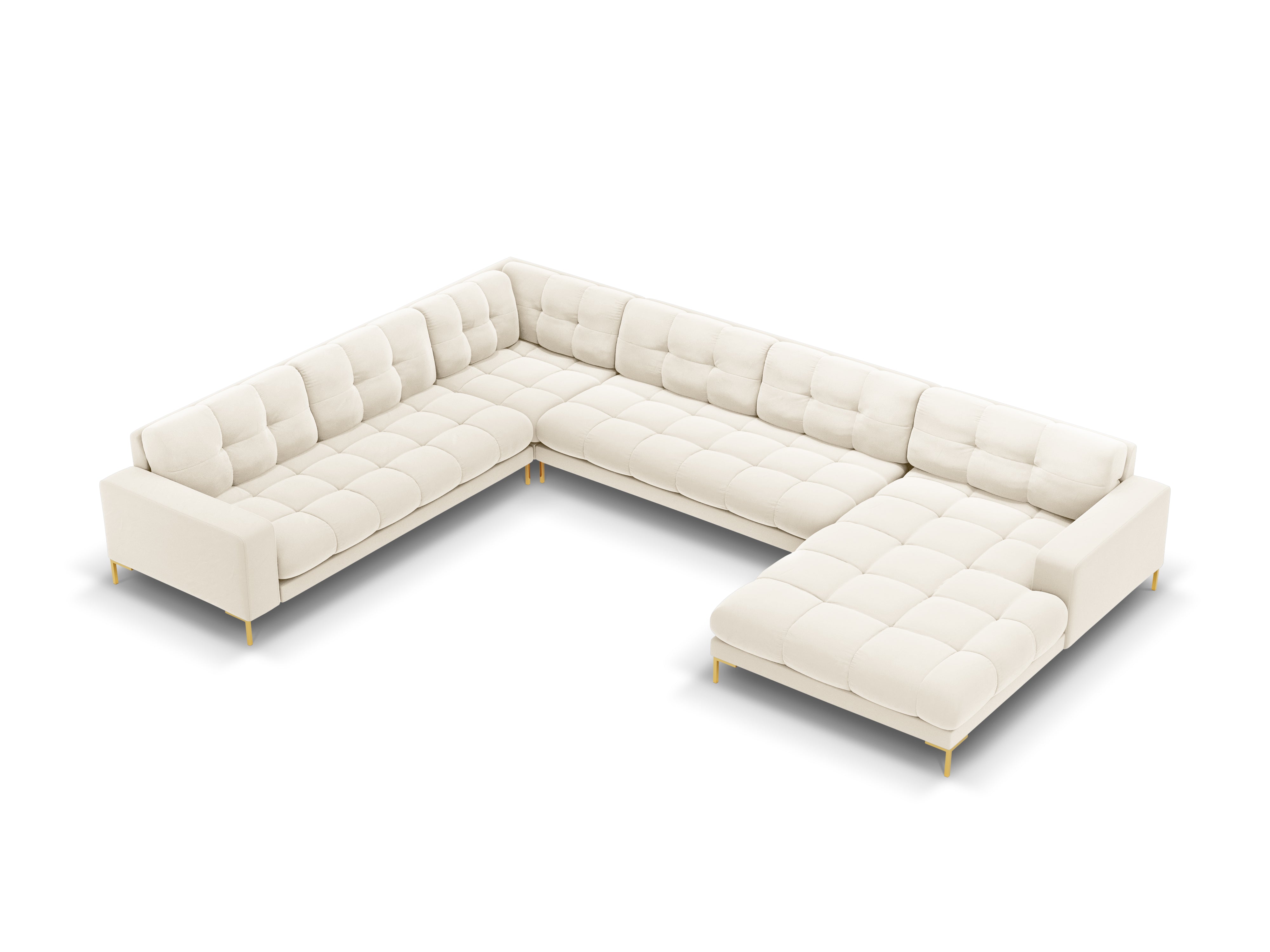 Panoramic velvet sofa left side 7 seater BALI light beige with gold base