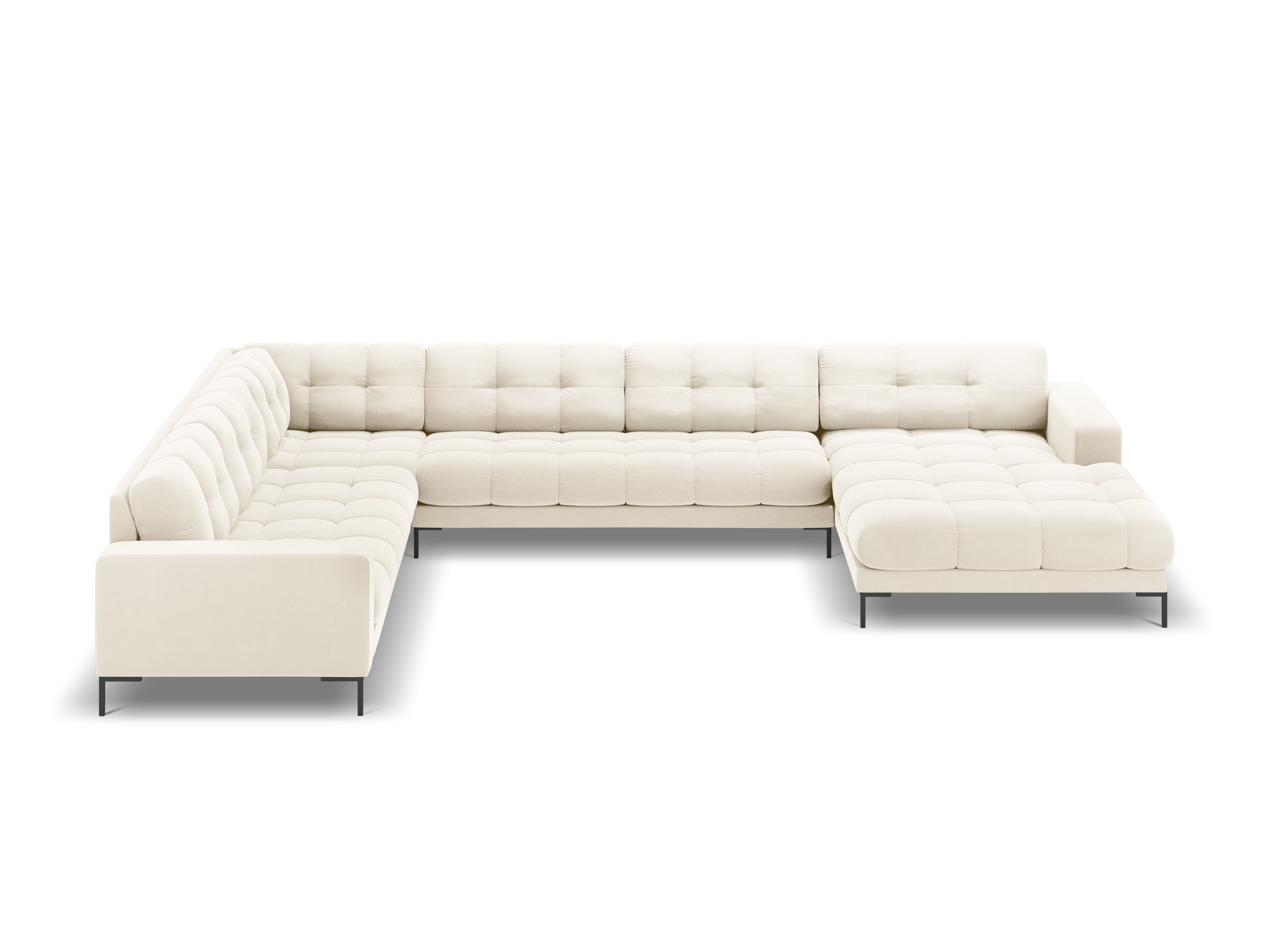 Panoramic velvet sofa left side 7 seater BALI light beige with black base