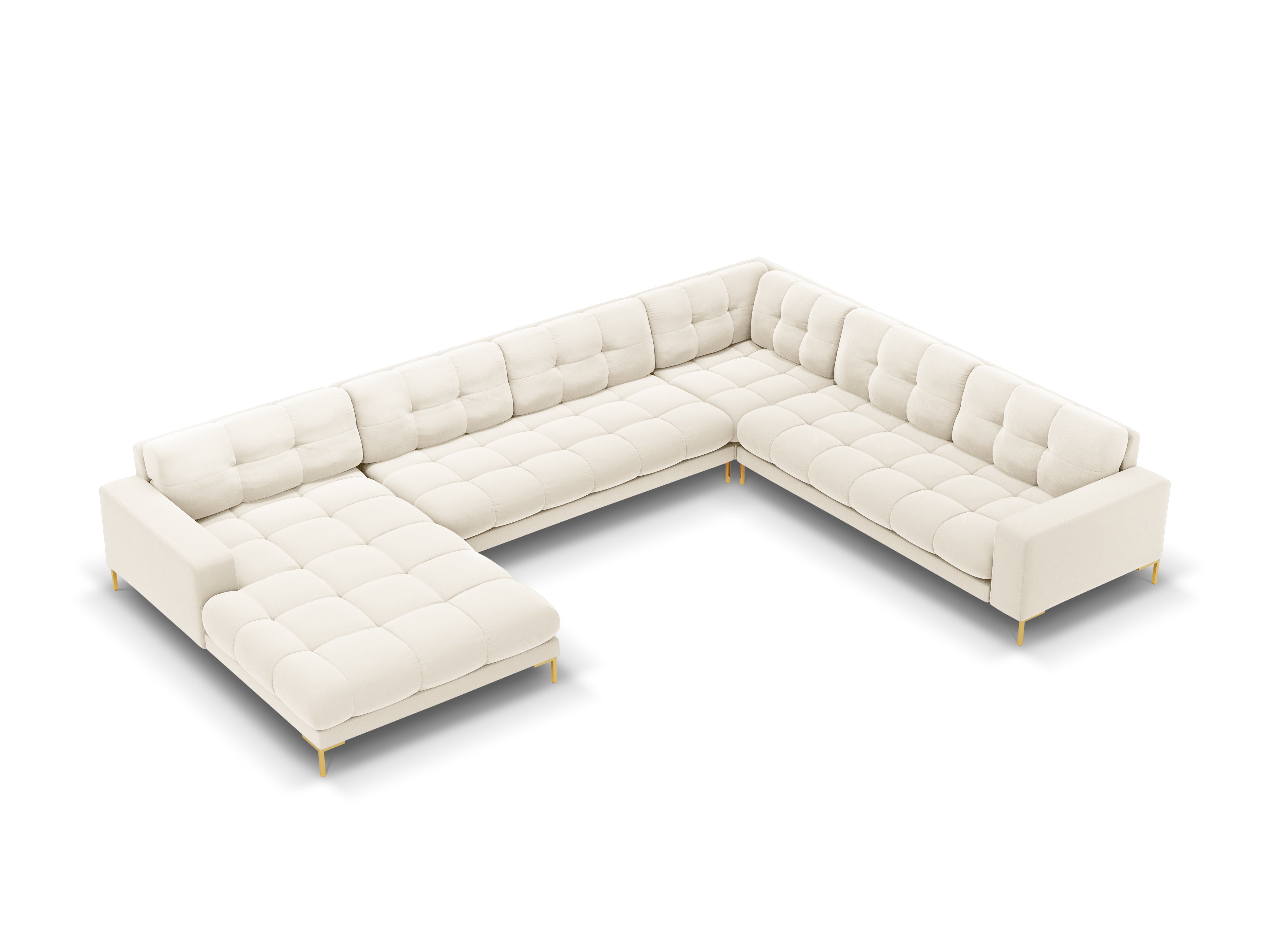 Panoramic velvet sofa right side 7 seater BALI light beige with gold base