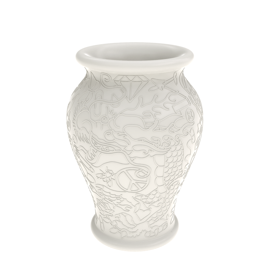 Ming is a designer object in the shape of a vase with a hole, which can be used as a champagne coat or housing for plants and succulents. Mingg is the result of re -reading by the Job studio of a typical Chinese porcelain vase, an ancient symbol of oriental culture, usually decorated with images of dragons, animals and flowers.