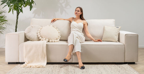 Corduroy sofa with sleeping function EVELINE beige