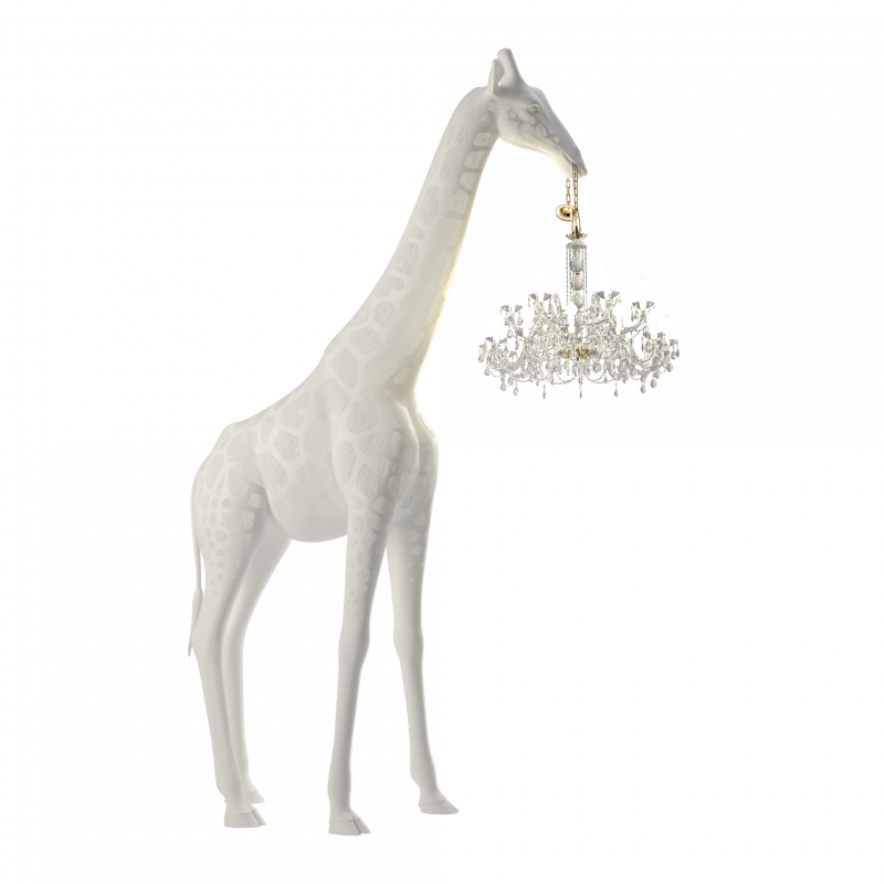 Giraffe in Love Indoor is a phenomenal lamp, designed by Marcantonio, with the size of the authentic young giraffe. The majestic giraffe holds a chandelier in the style of Maria Teresa in a miniature version. This is the perfect combination of good design with functionality.