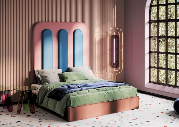 Upholstered bed BISQUIT pink with blue, Happy Barok, Eye on Design