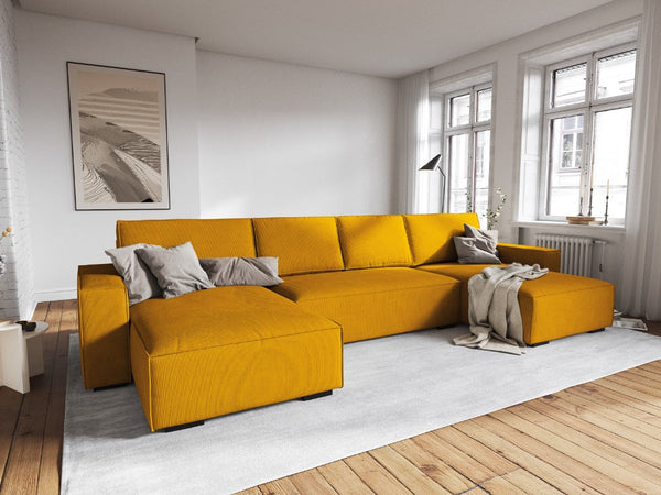 U-shaped corduroy corner sofa with sleeping function EVELINE yellow