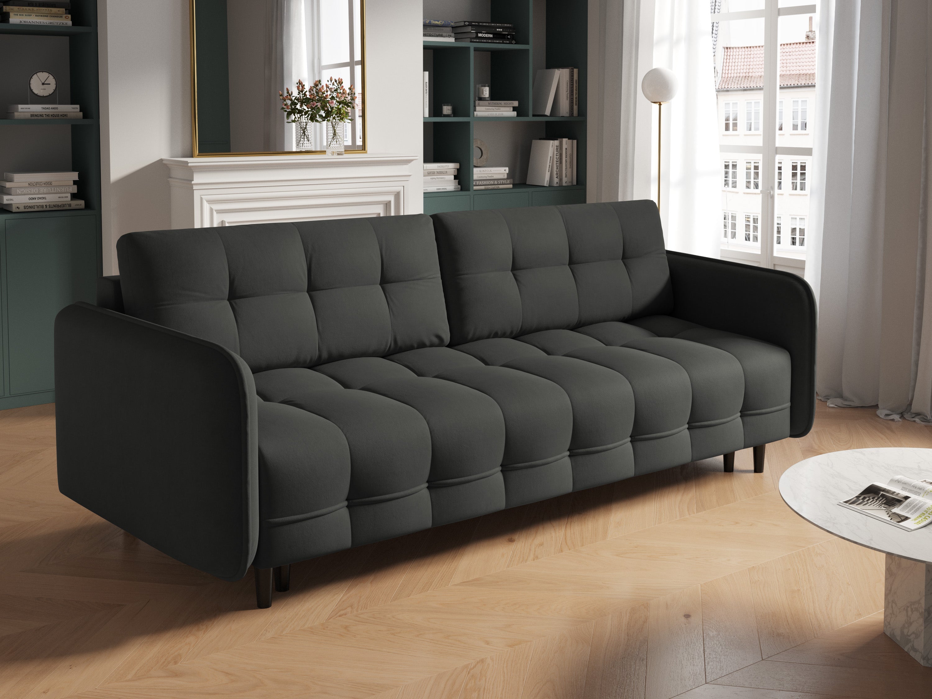 Sofa with sleeping function SCALETA dark grey with black base