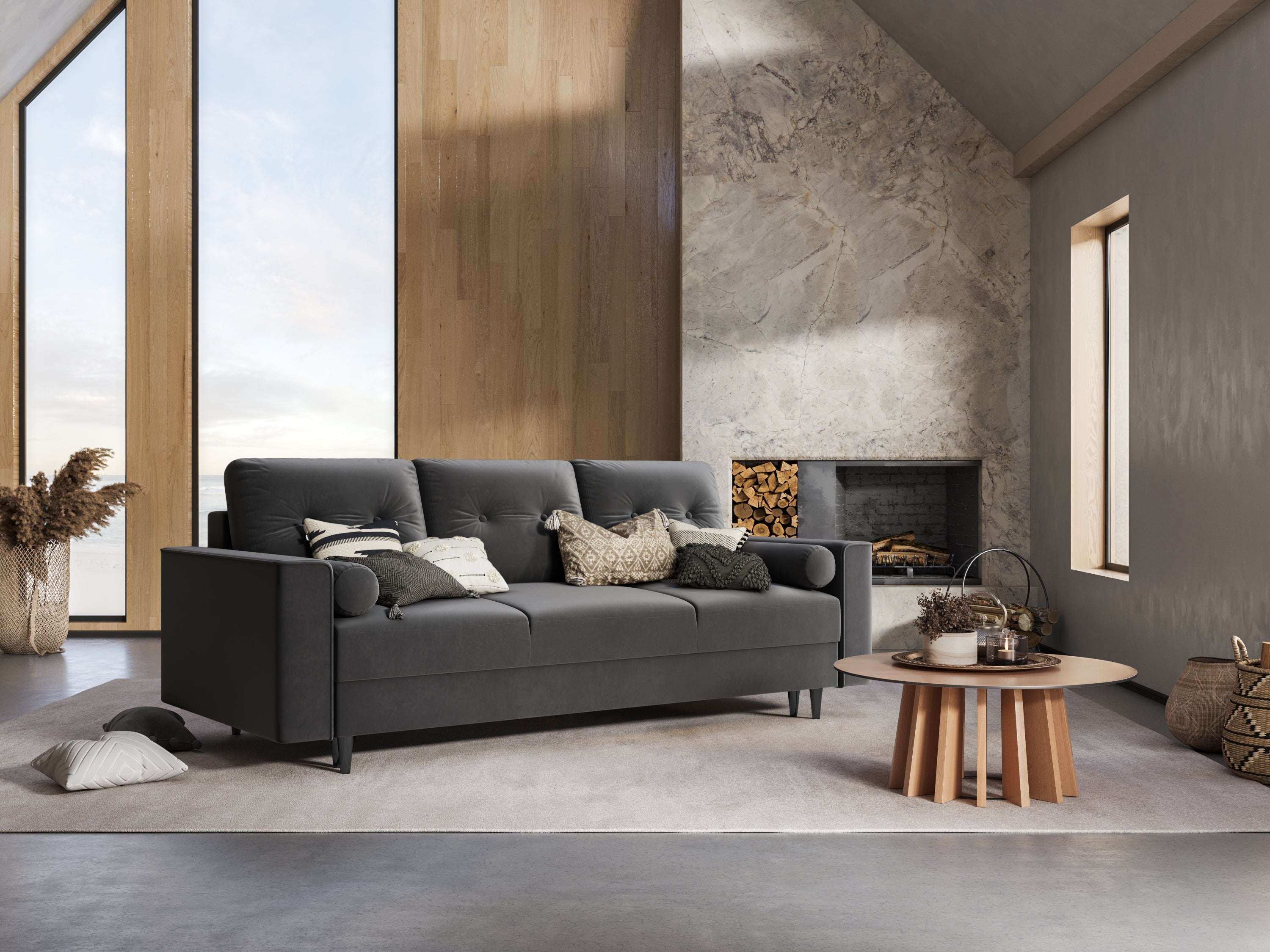 Modern gray velvet sofa