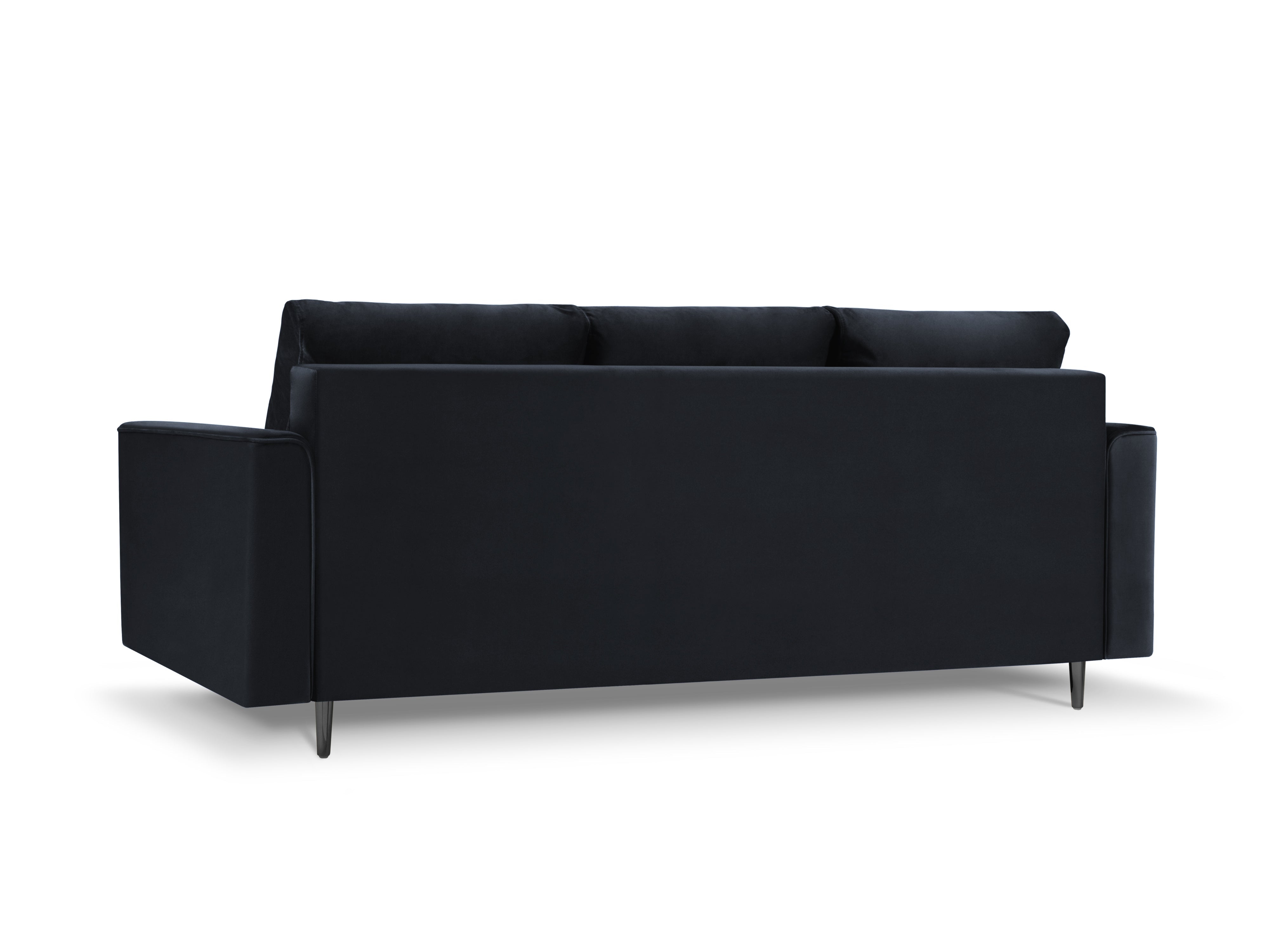 A dark blue sofa with a black base