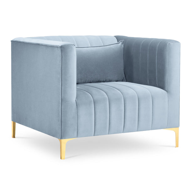 light blue armchair with a golden base