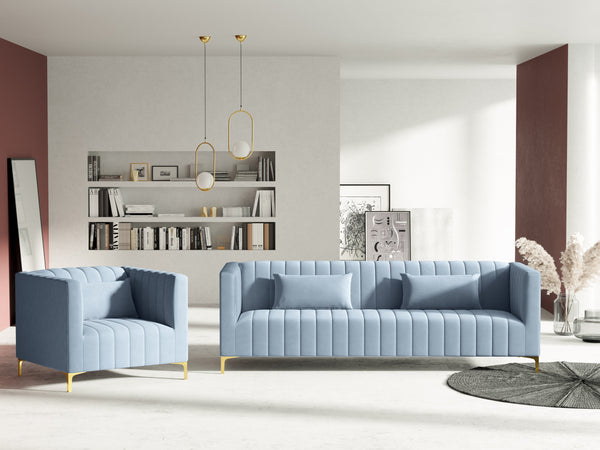 light blue velvet armchair