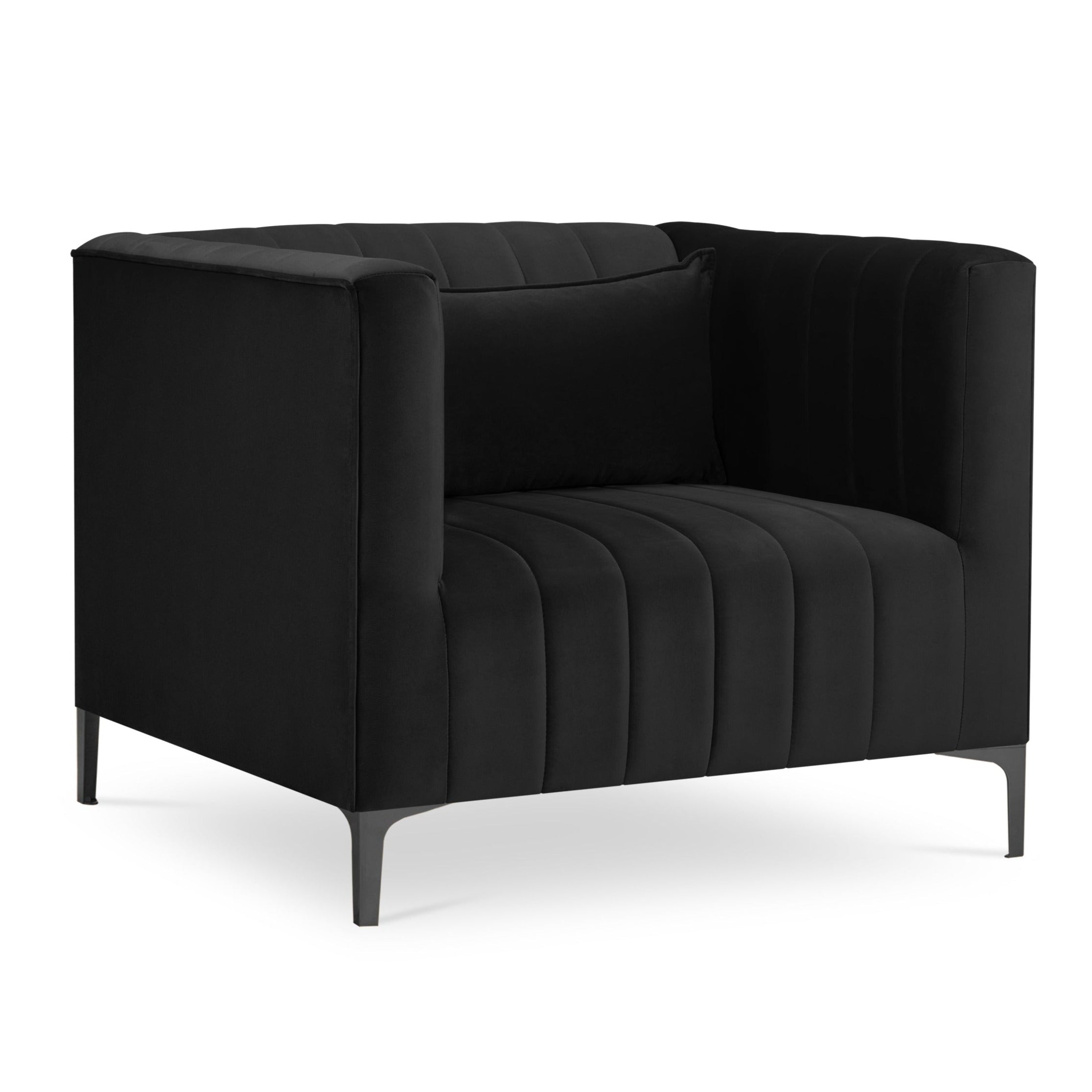 Velvet black armchair with stitching