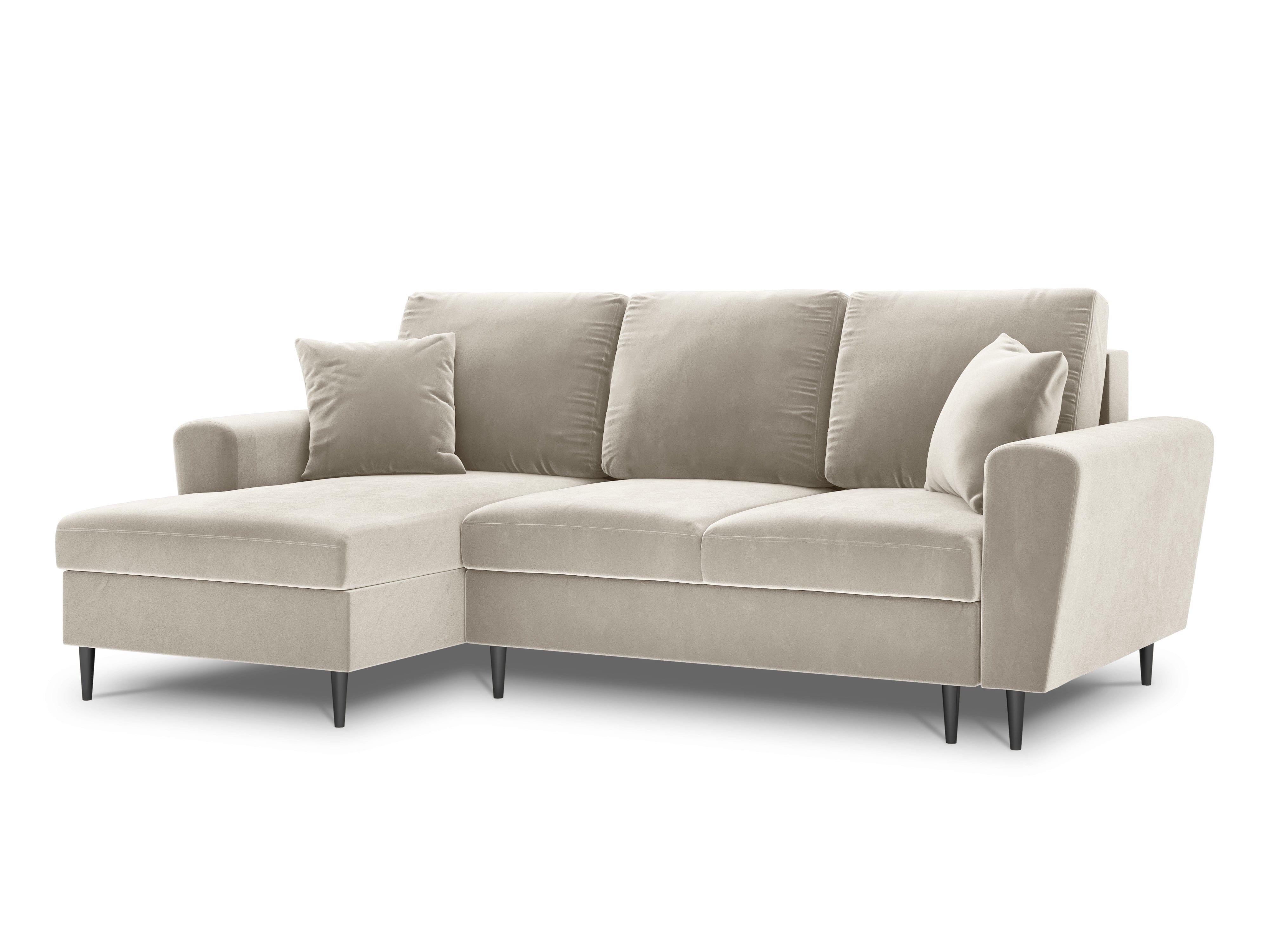 Left-hand corner velvet sofa with sleeping function KYOTO beige with black base