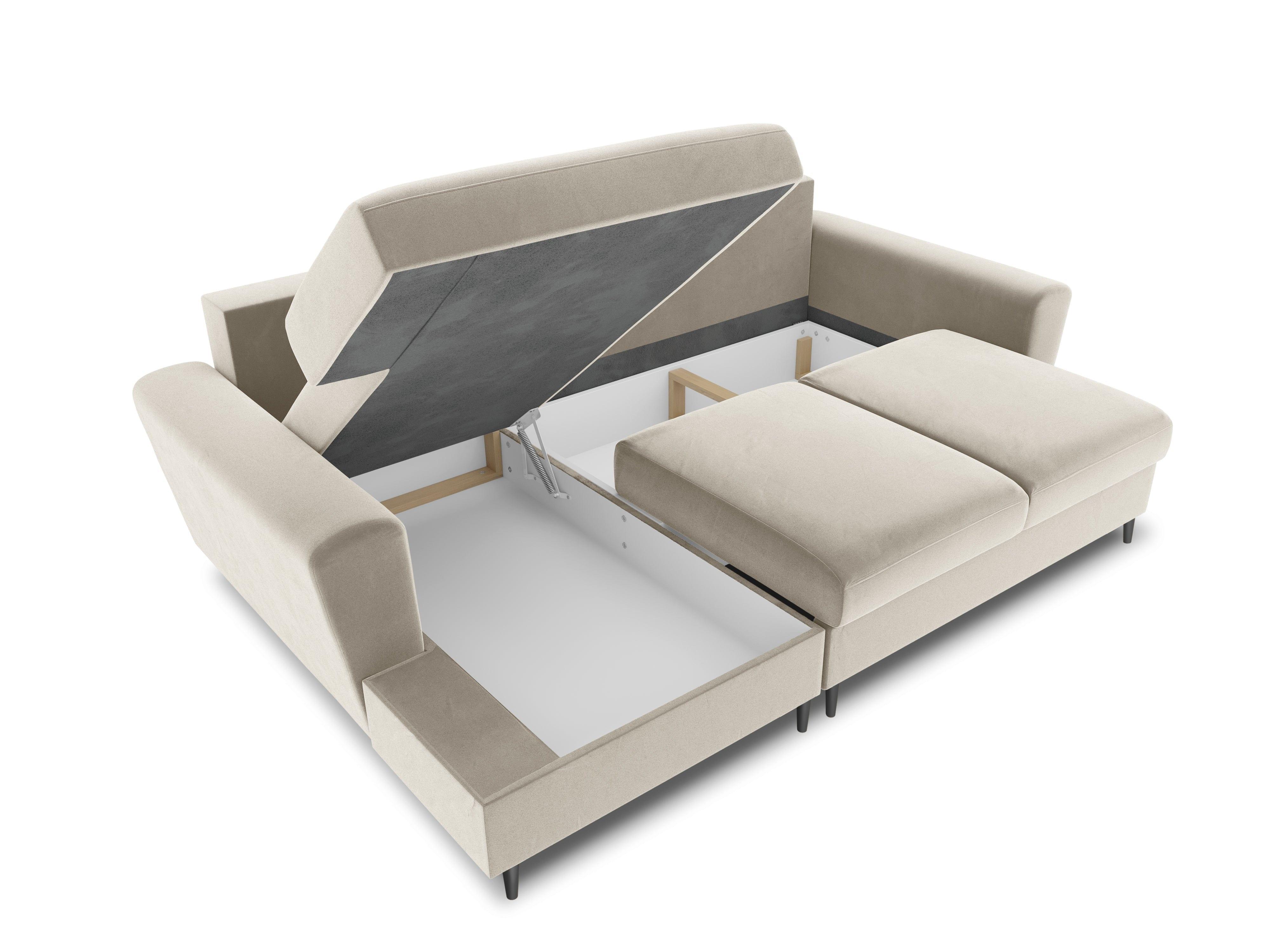 Left-hand corner velvet sofa with sleeping function KYOTO beige with black base