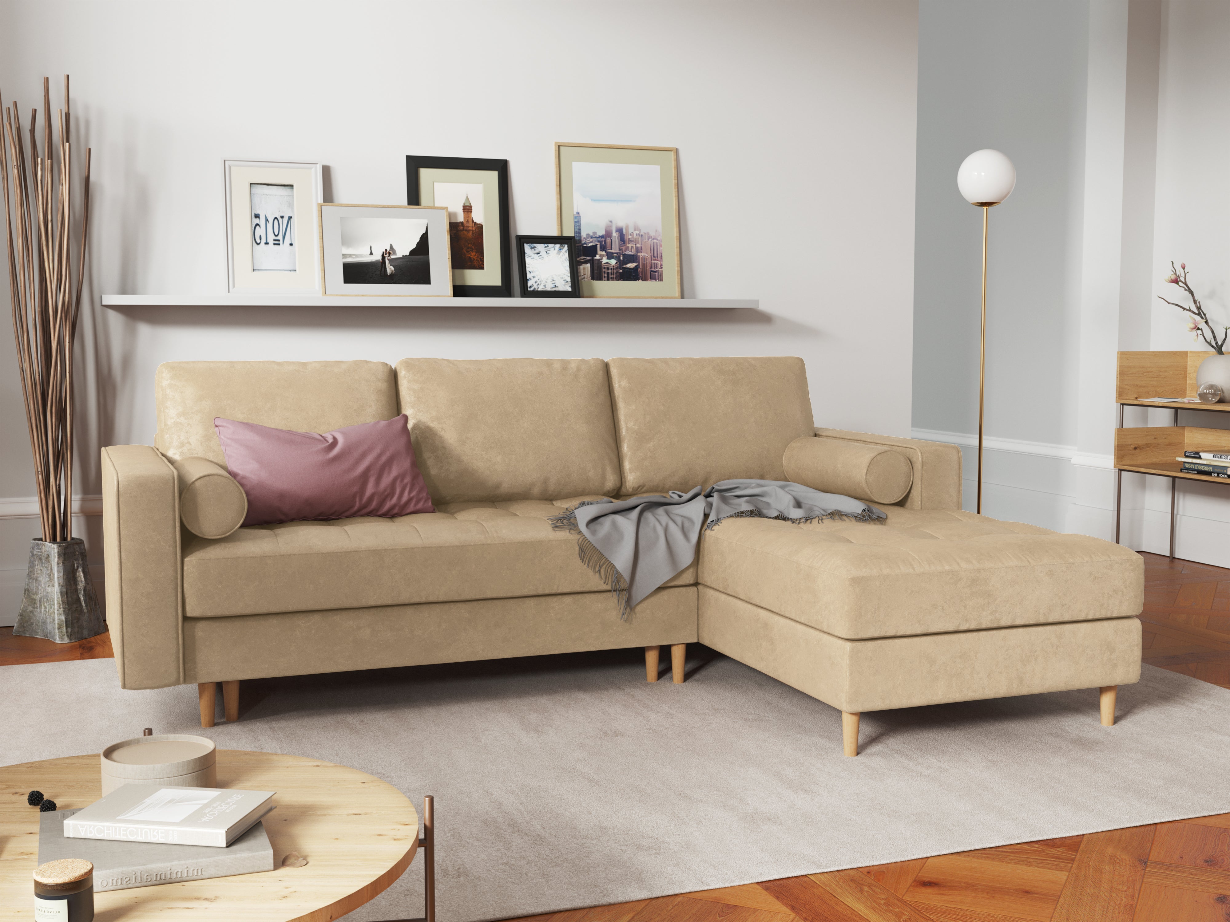 Right-angled corner sofa with sleeping function GOBI eco leather sand-coloured
