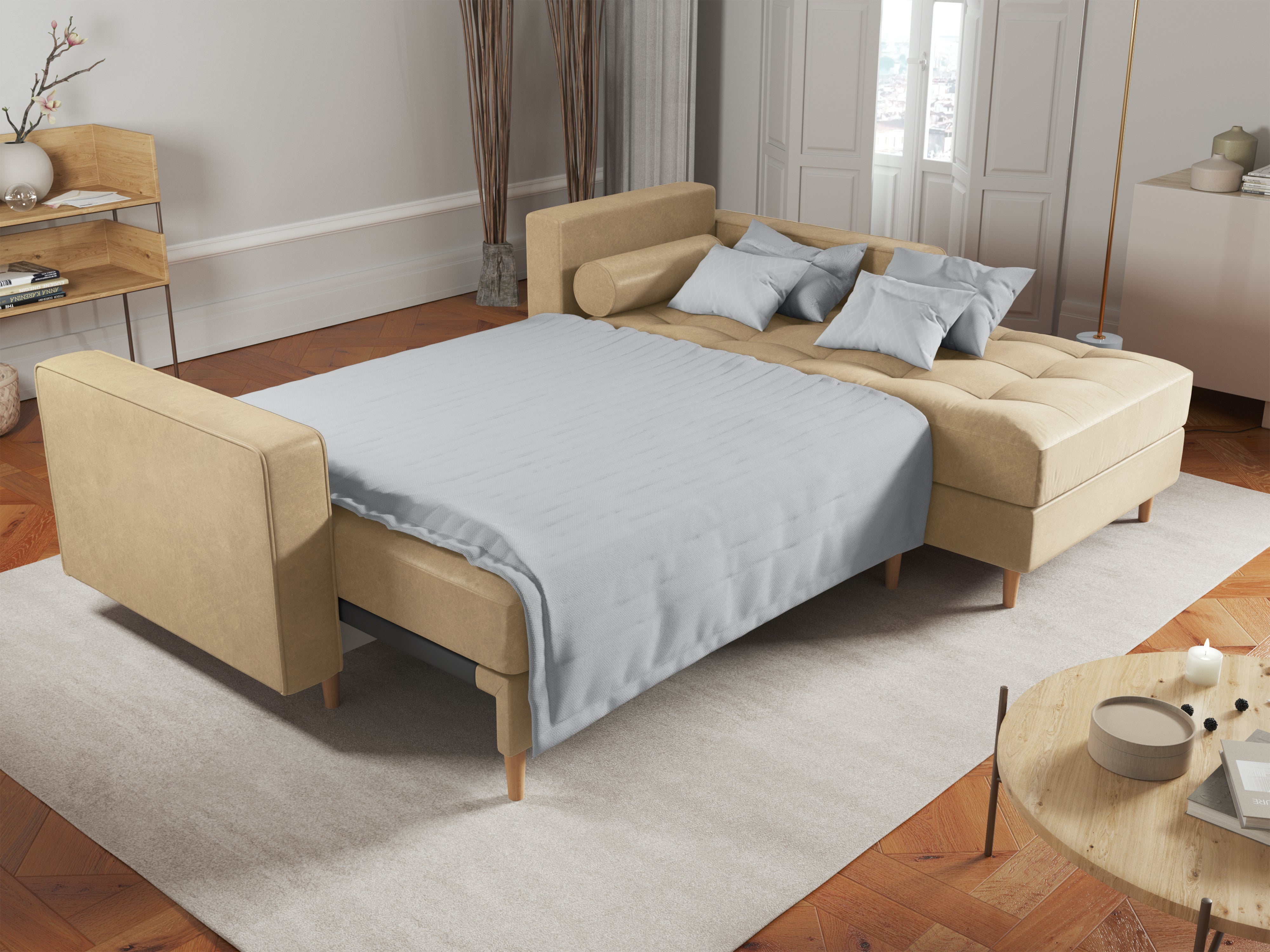 Right-angled corner sofa with sleeping function GOBI eco leather sand-coloured