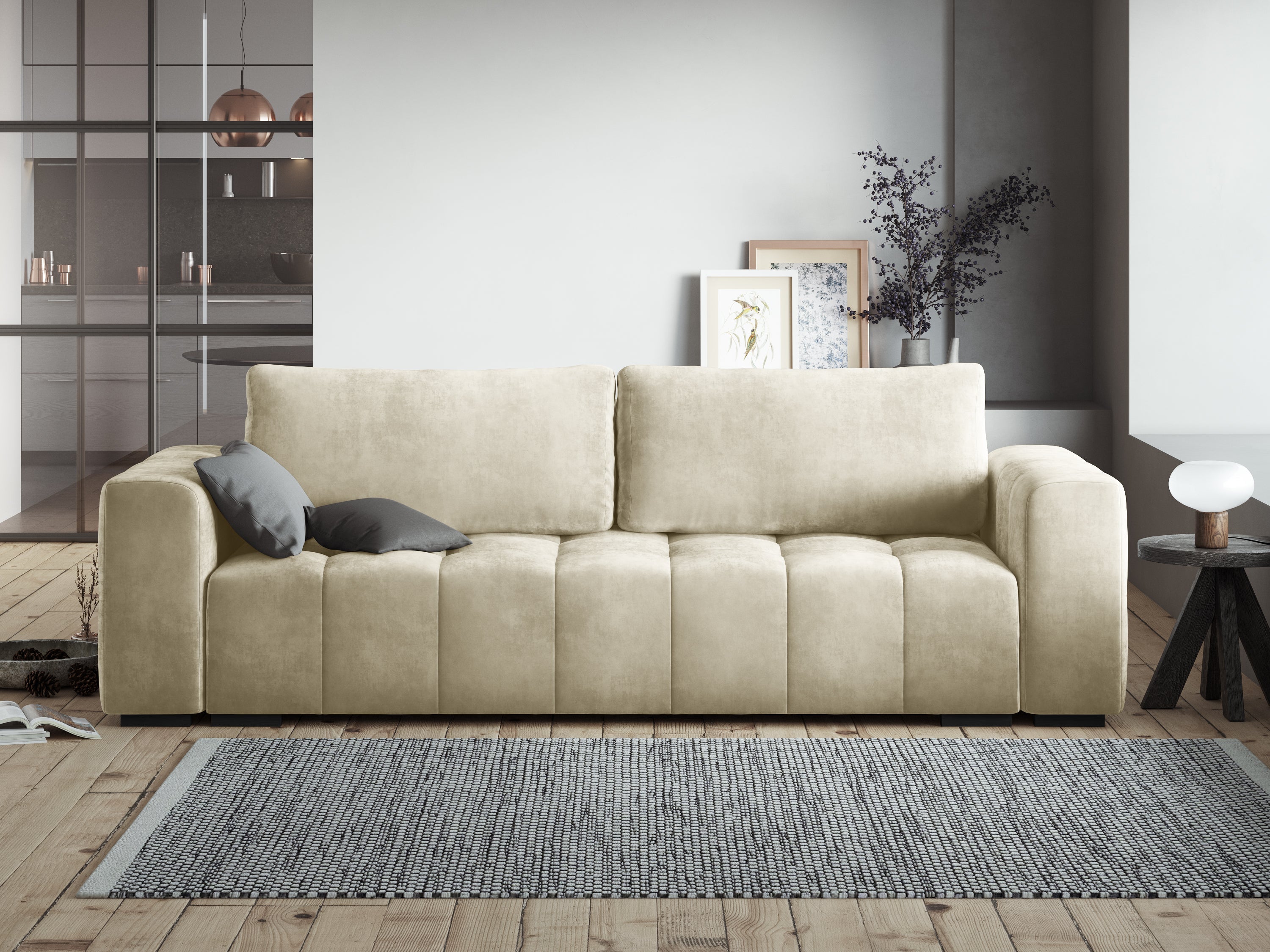 LUCA beige velvet sofa with sleeping function