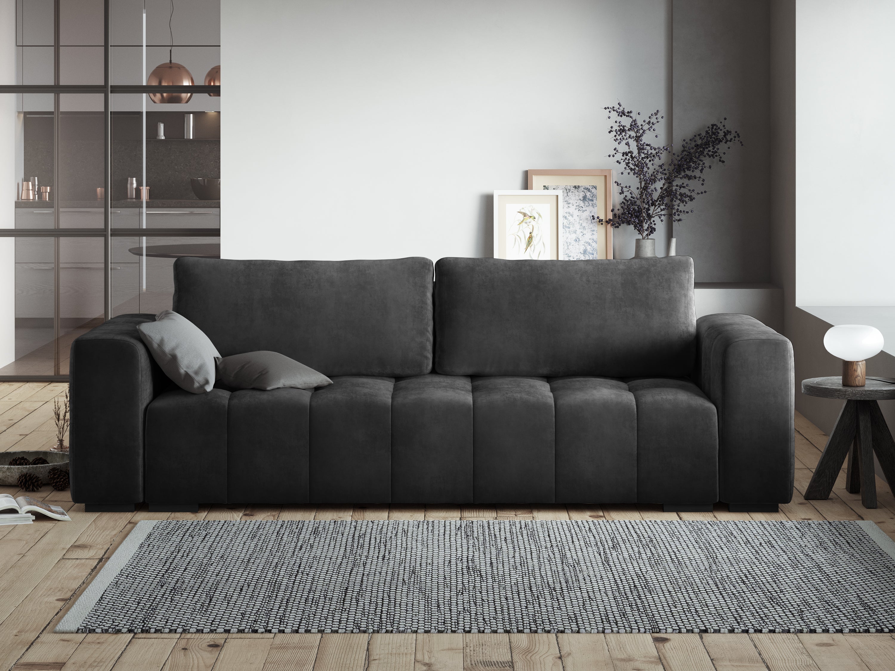 LUCA velvet sofa with sleeping function dark grey