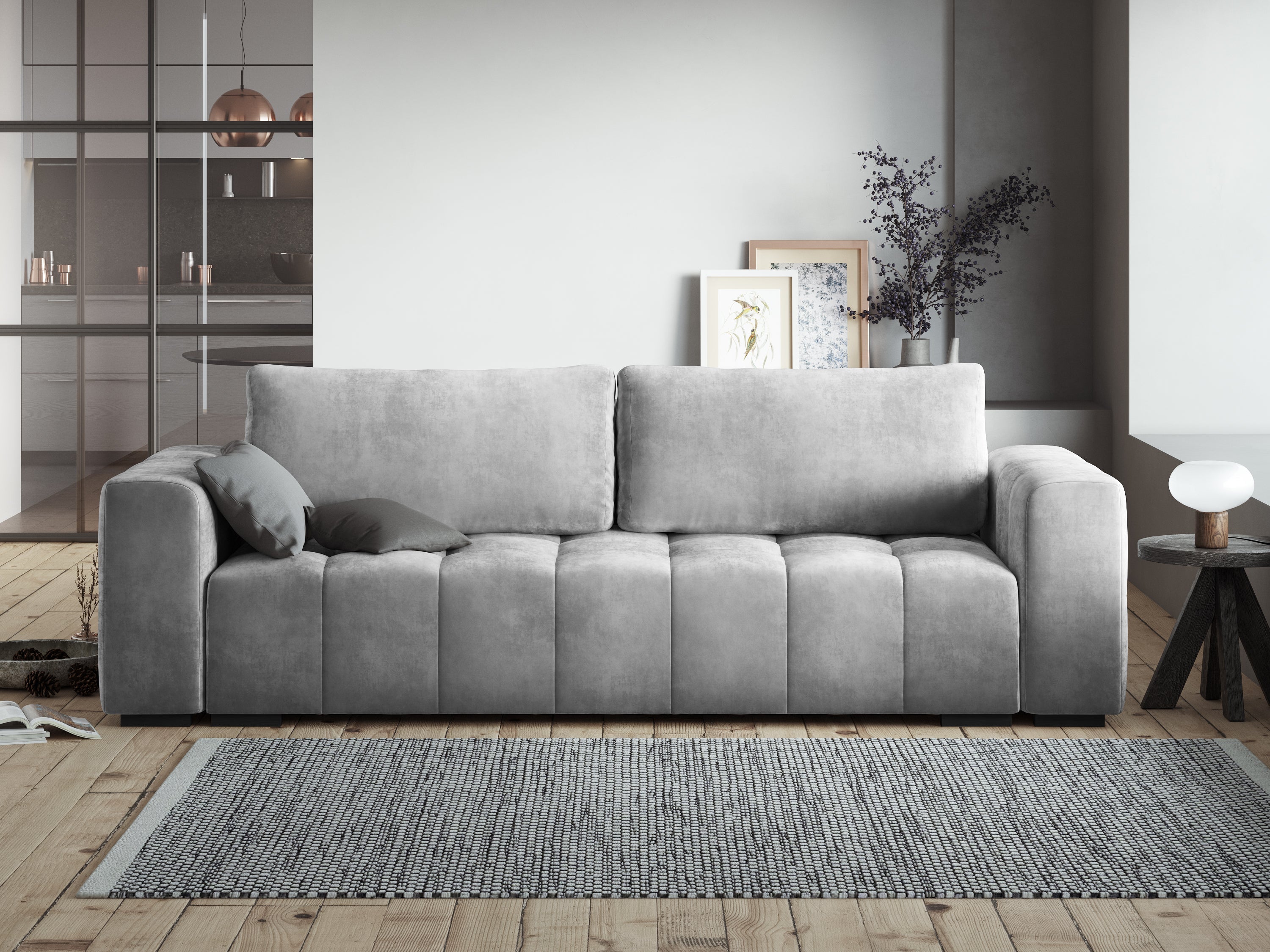 LUCA velvet sofa with sleeping function light grey