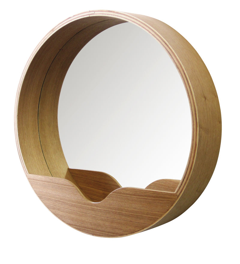 Round wall mirror is a piece of furniture that will appeal to every woman. Thanks to the plywood frame, in which the shelf for lipsticks, lipsticks, combs and other things that are often urgently needed. A Scandinavian bathroom, which lacks space for organizing objects, will get perfectly with this addition. What if you hang them in the hall, so that all small objects have their place there? This is definitely a good idea!