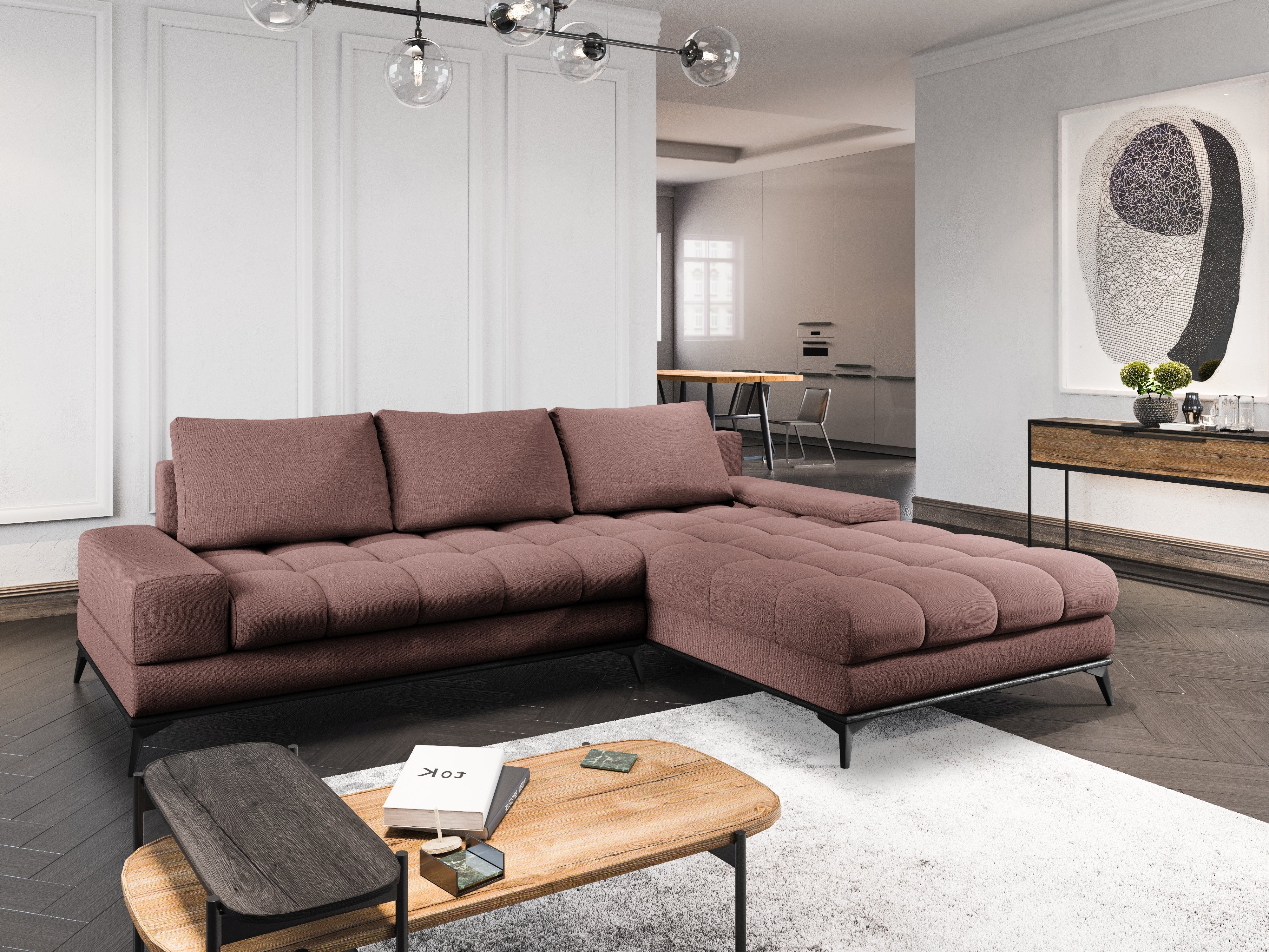 Corner sofa with a sleeping function right DENEB dusty pink