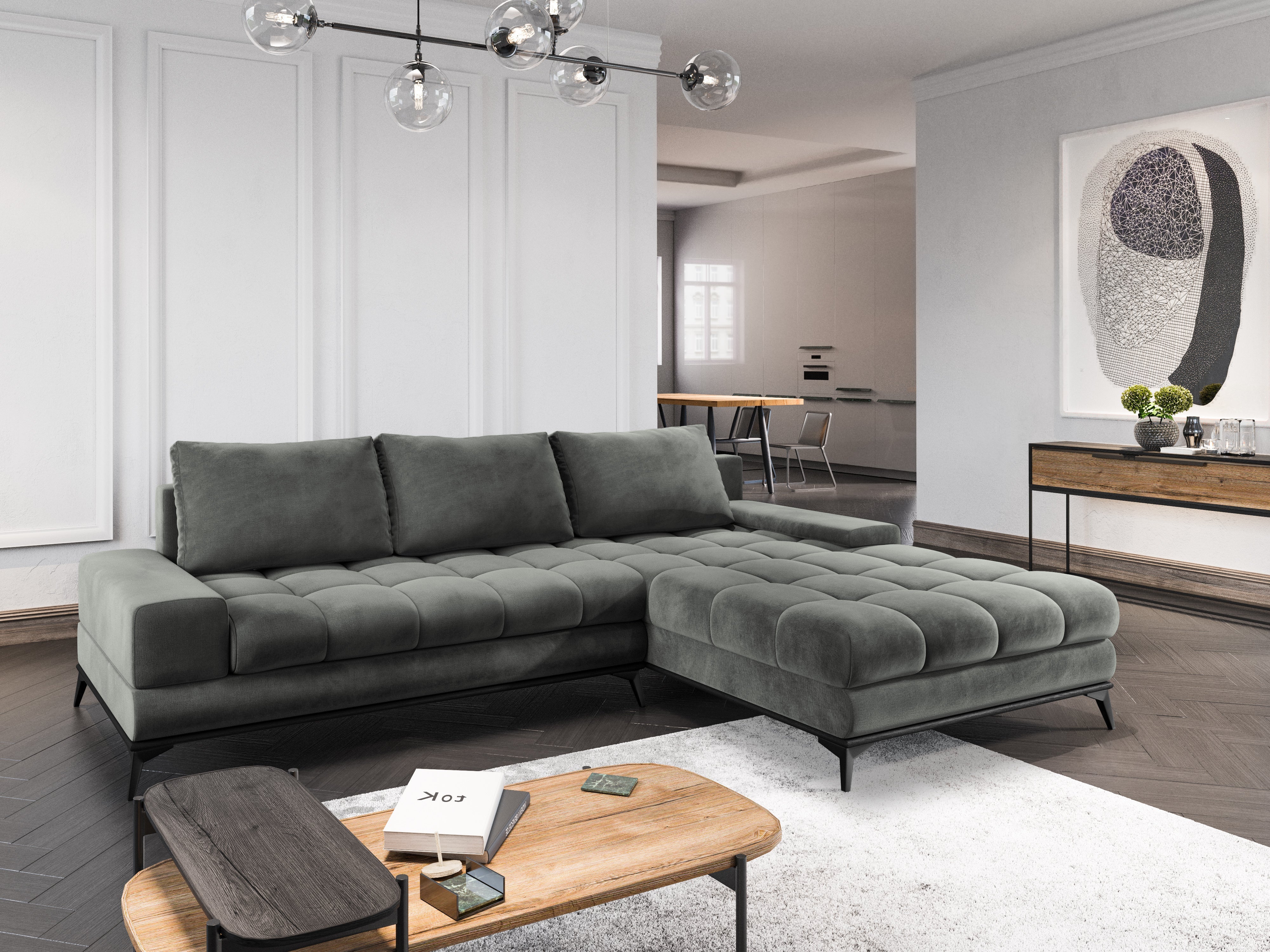 Velvet corner sofa with sleeping function right DENEB grey