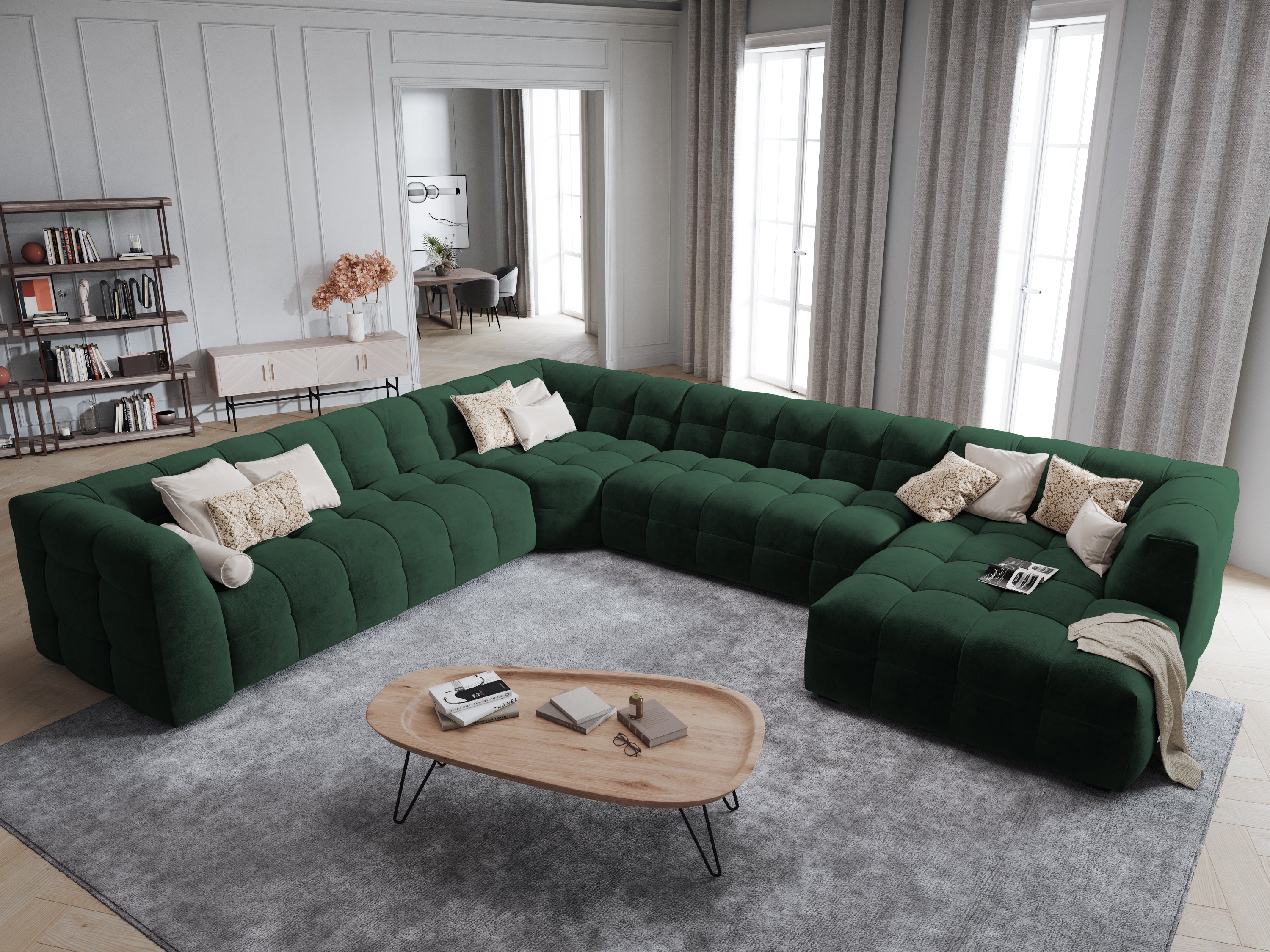 U-shaped corner sofa velvet left VESTA bottle green