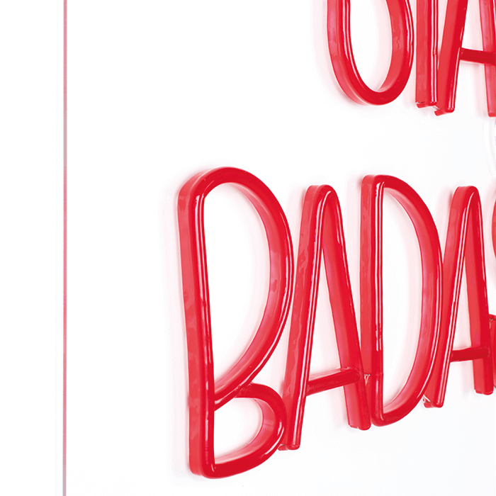 Forget about traditional prints and wall hangers for a kind of work of art, which is an example of the vision of Bold Monkey. PVC, LED lighting and vibrant colors combine in this frivolous neon. The loud design and defiant nature make this neon LED wall hanger never cease to be the subject of conversations. The expressive message "Stay Badass" is attached to a transparent acrylic board.