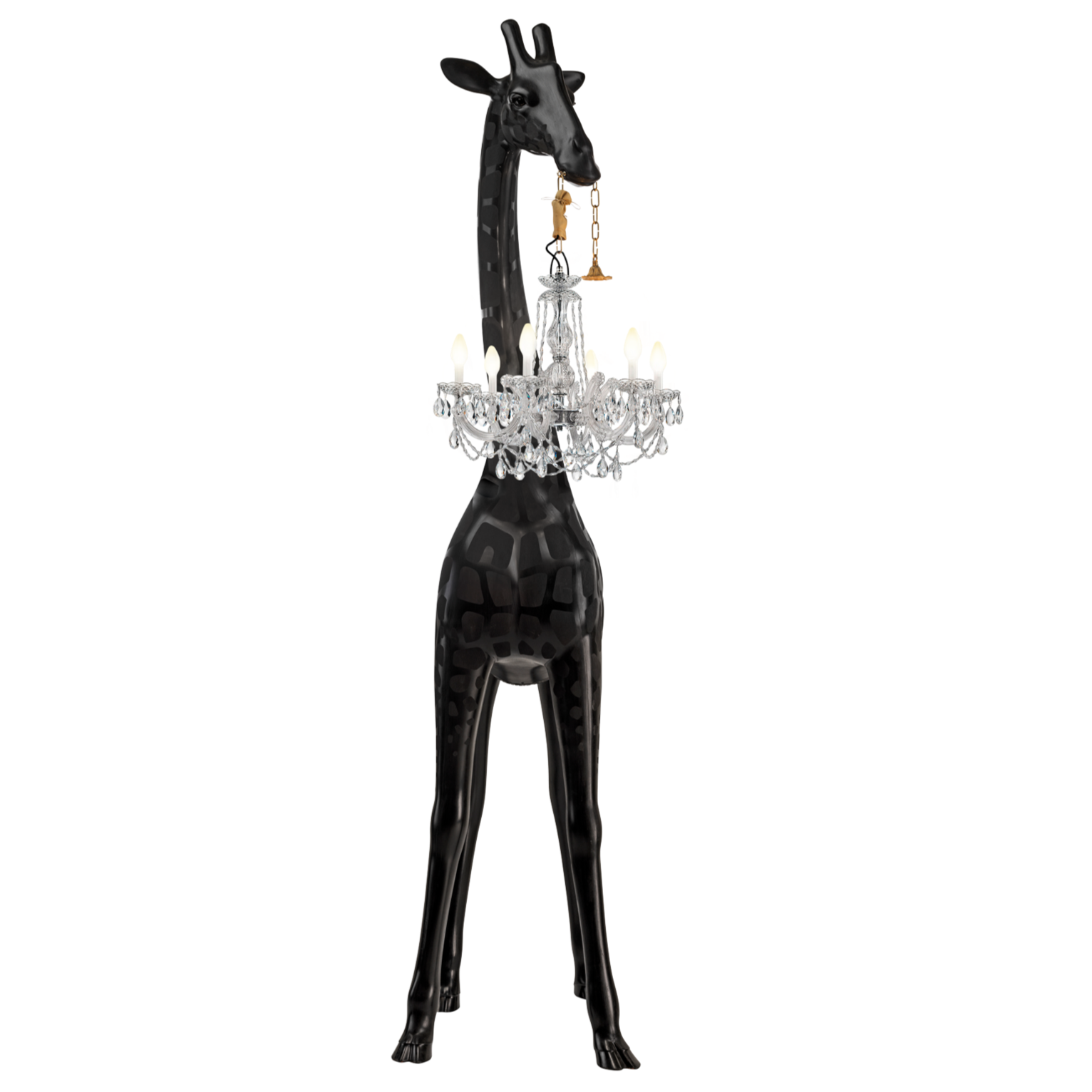 Giraffe in Love is a phenomenal lamp, designed by Marcantonio, with the size of the authentic young giraffe. The majestic giraffe holds a chandelier in the style of Maria Teresa in a miniature version. This is the perfect combination of good design with functionality.