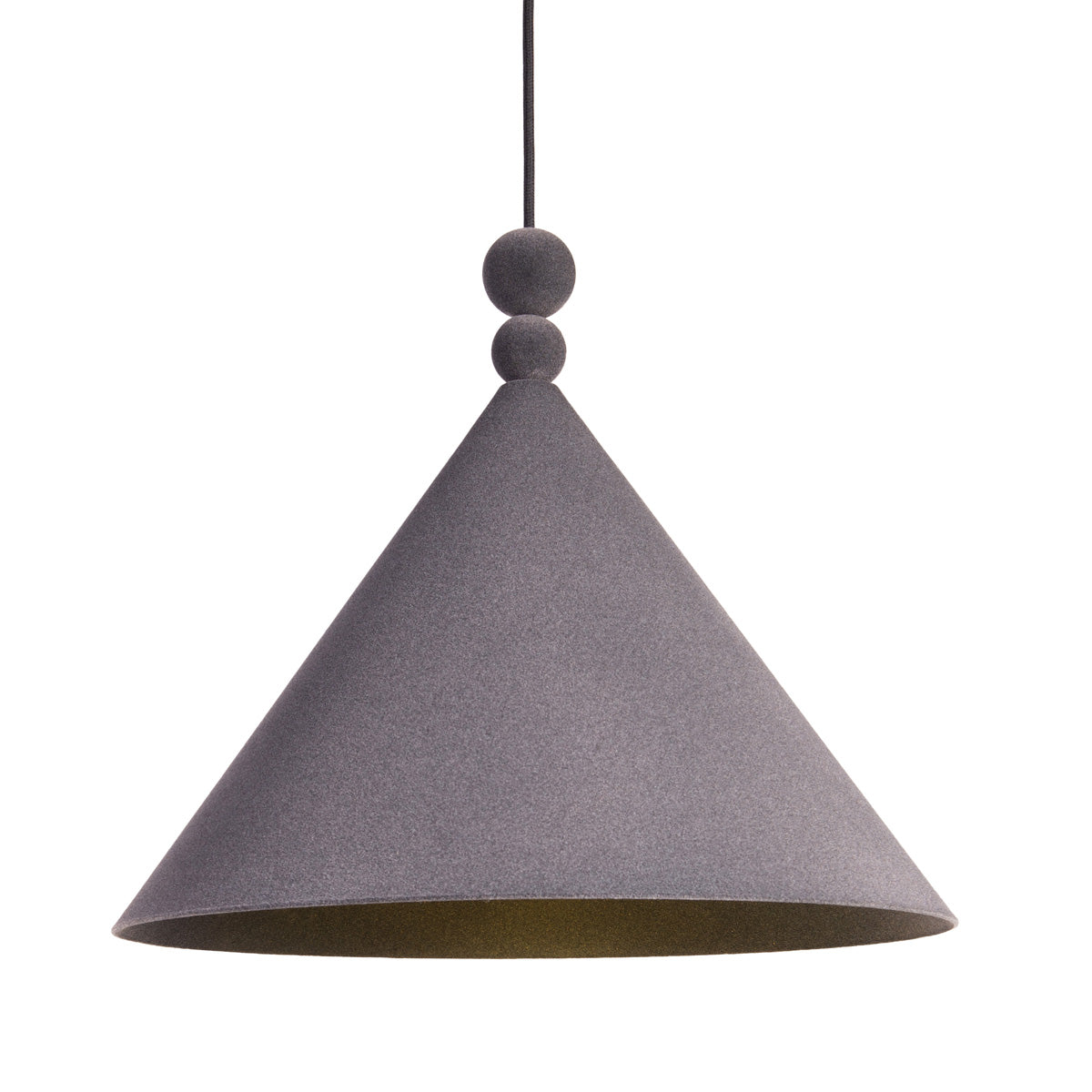 Konko Velvet is a lamp delightful with simplicity and intricate performance. The cone -shaped aluminum lampshade was covered with a layer of velvet suede. The top of two balls from the same material emphasizes the strict nature of the whole. The ability to adjust the length of the cable will allow you to adjust the lamp to individual preferences. It will perfectly illuminate the table during meals in the dining room or the bar top in the kitchen. It works not only in home interiors, but also in commercial.