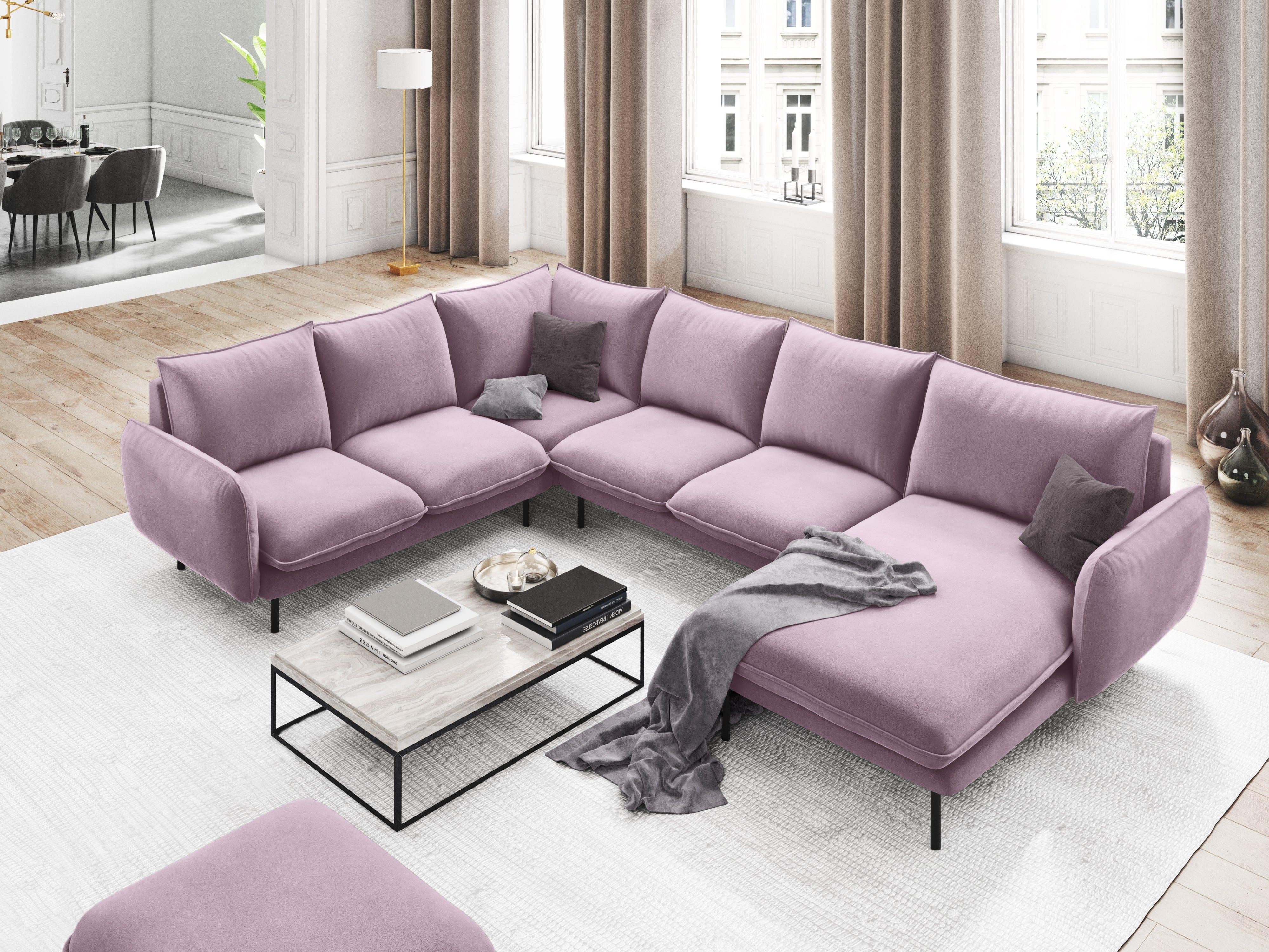 Left side velvet panoramic corner sofa VIENNA powder pink with black base - Eye on Design