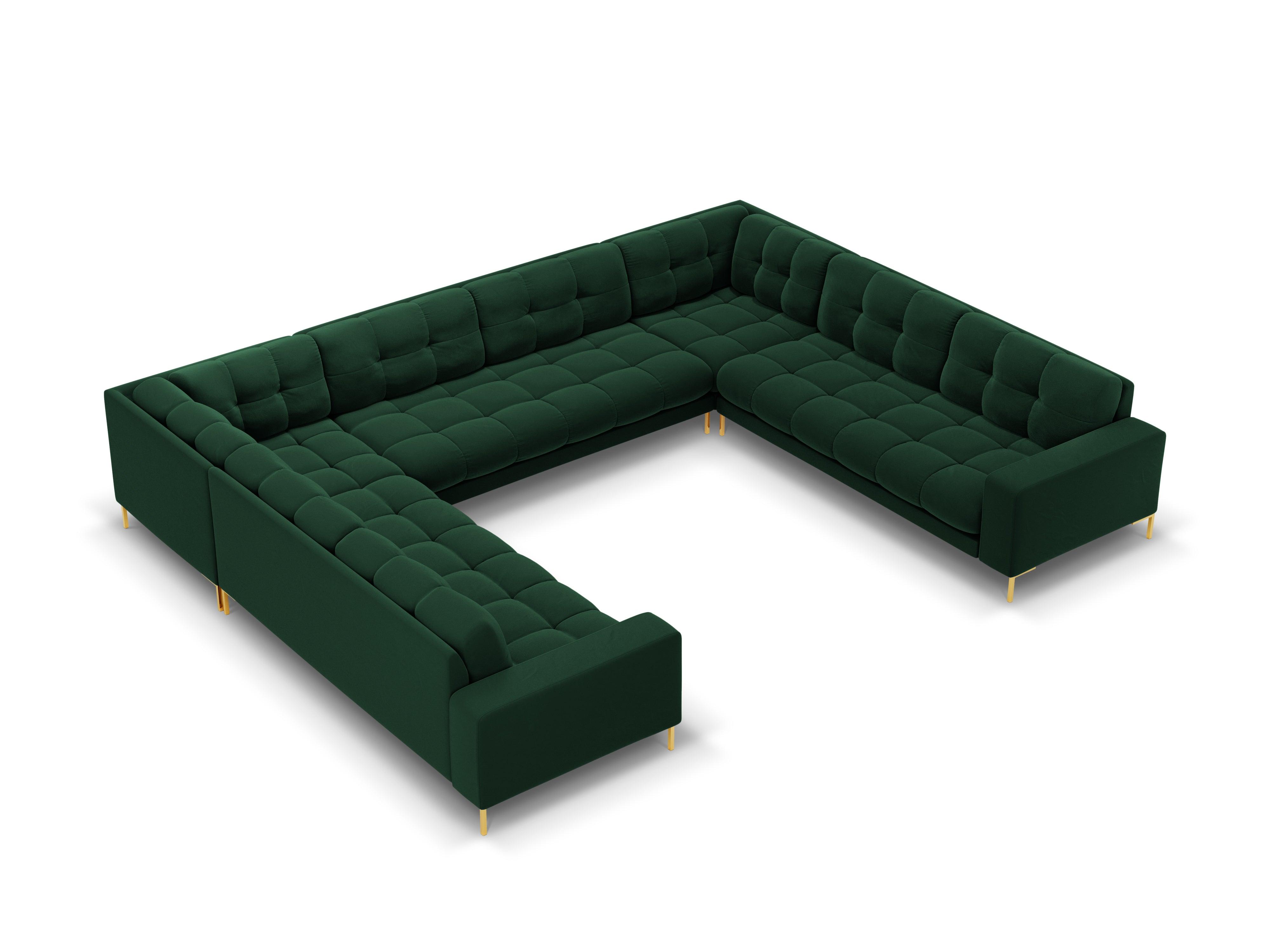 Panoramic velvet sofa 9-seater BALI bottle green with gold base - Eye on Design