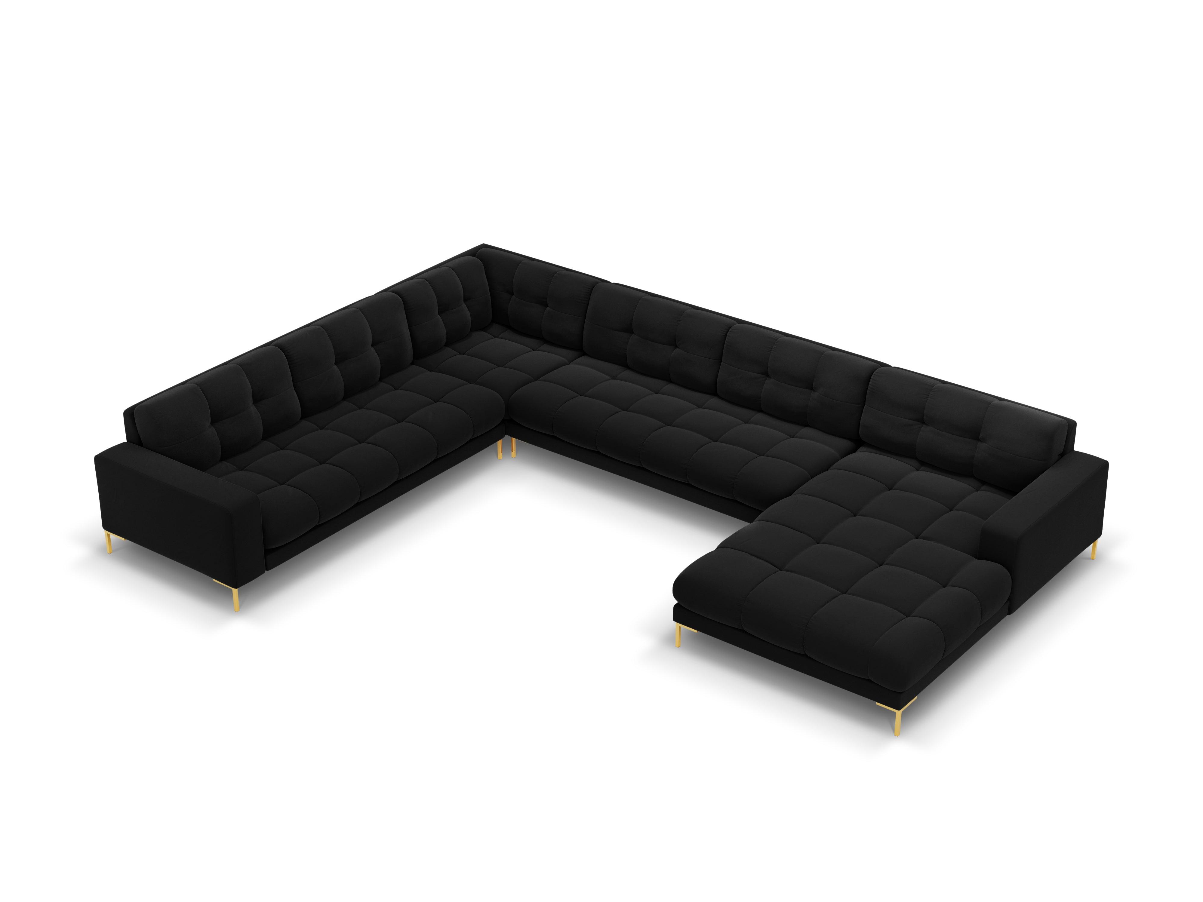 Panoramic velvet sofa left side 7 seater BALI black with gold base - Eye on Design