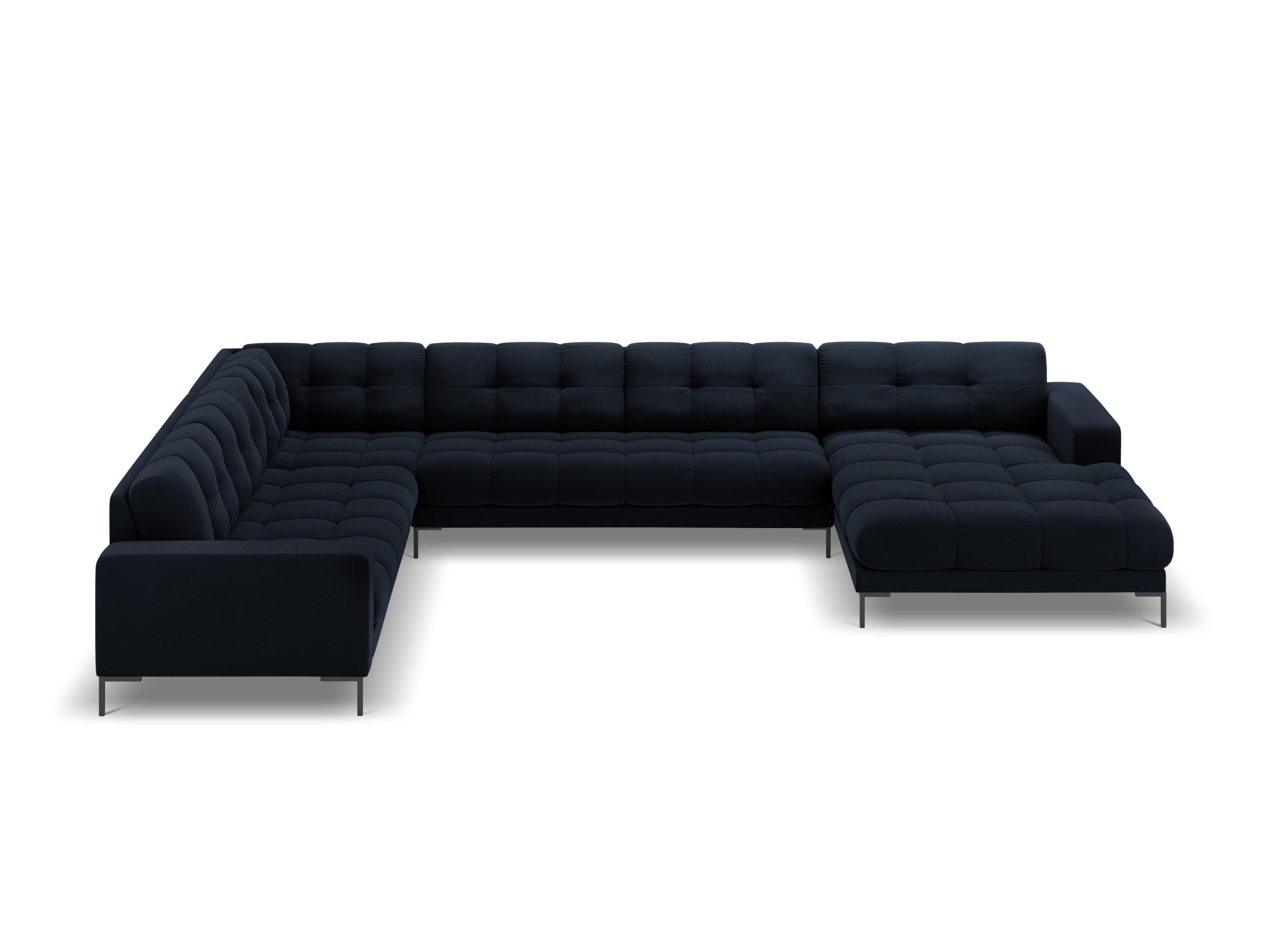 Panoramic velvet sofa left side 7 seater BALI dark blue with black base - Eye on Design