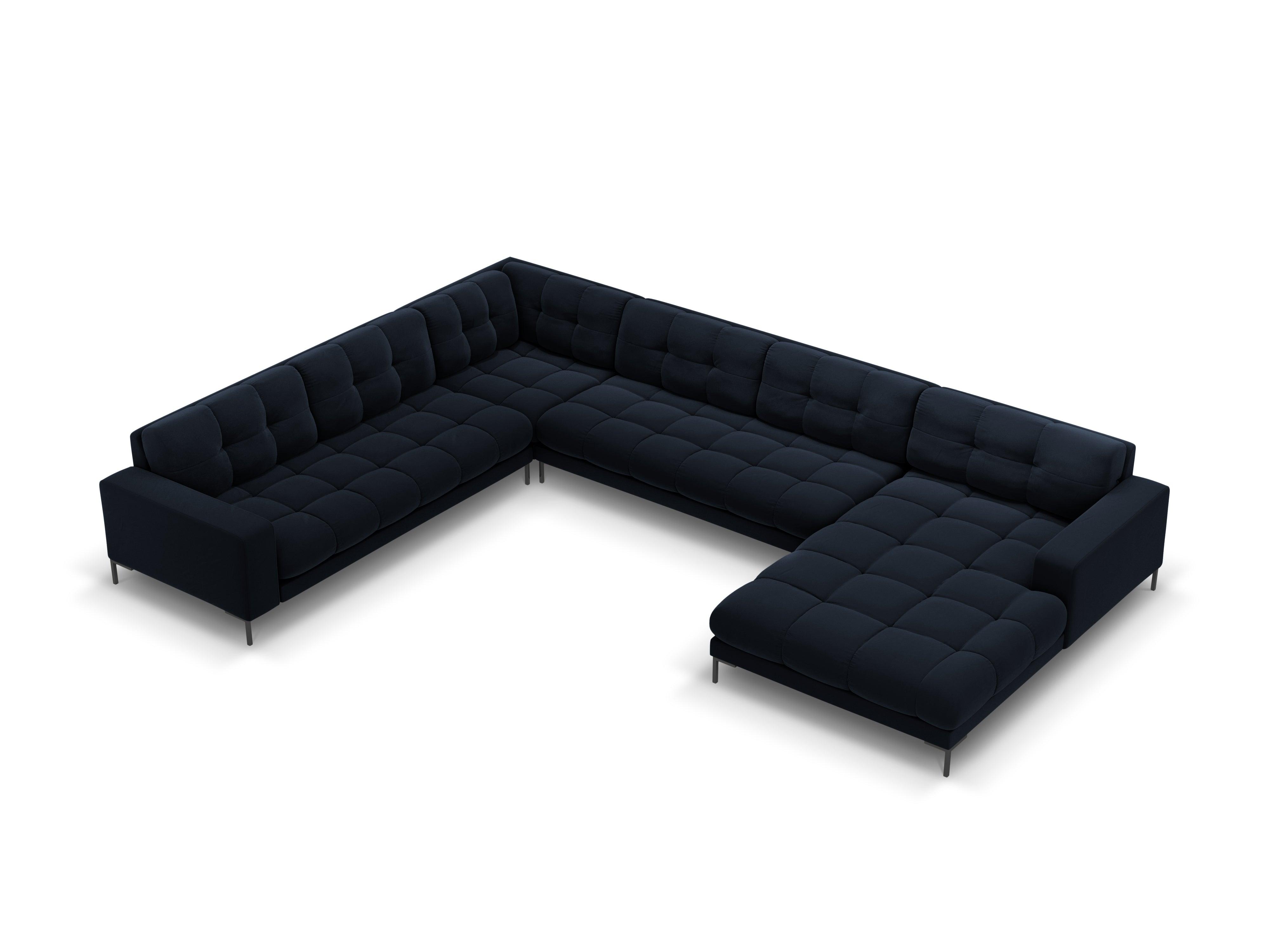 Panoramic velvet sofa left side 7 seater BALI dark blue with black base - Eye on Design