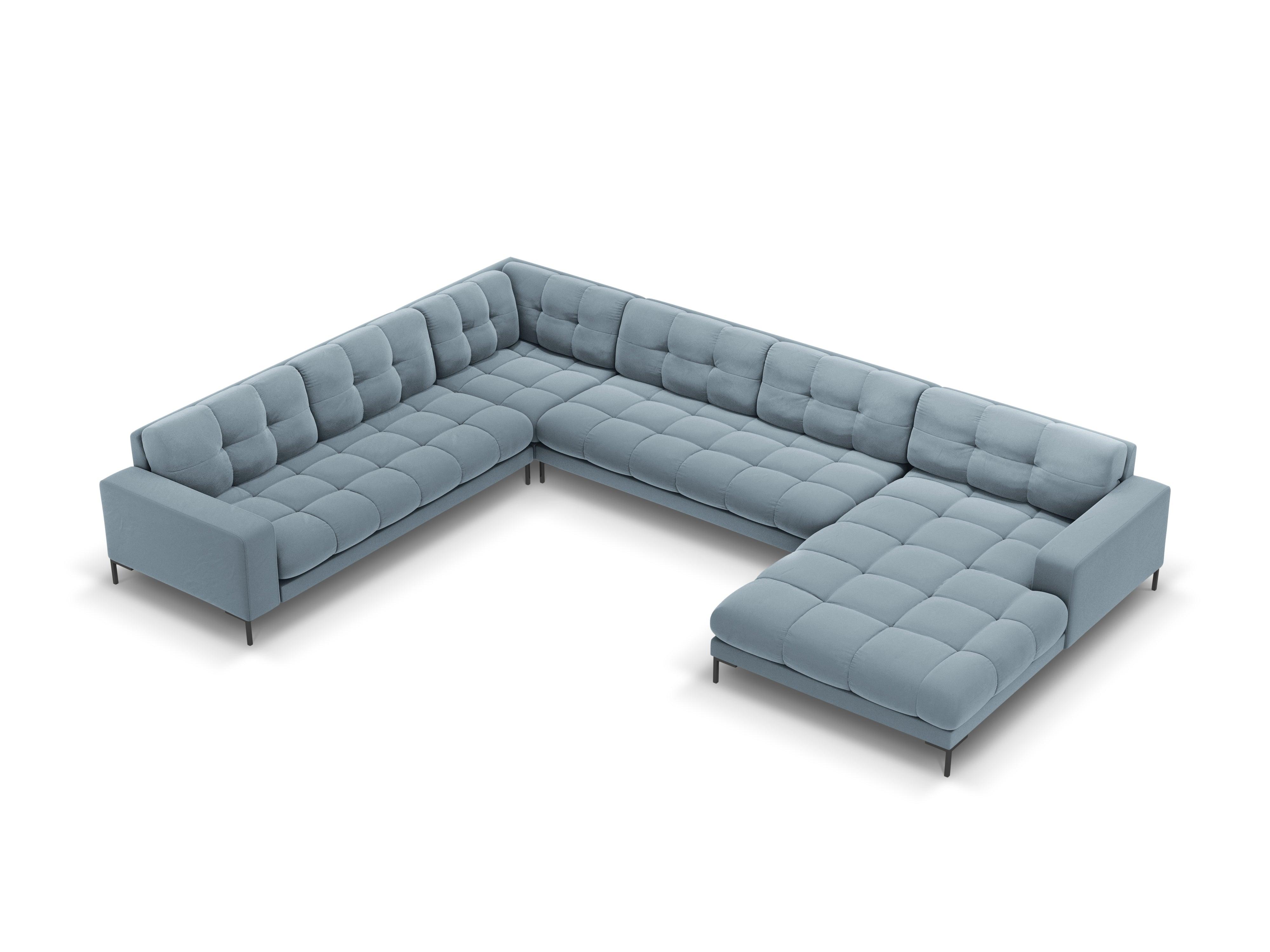 Panoramic velvet sofa left side 7 seater BALI light blue with black base - Eye on Design