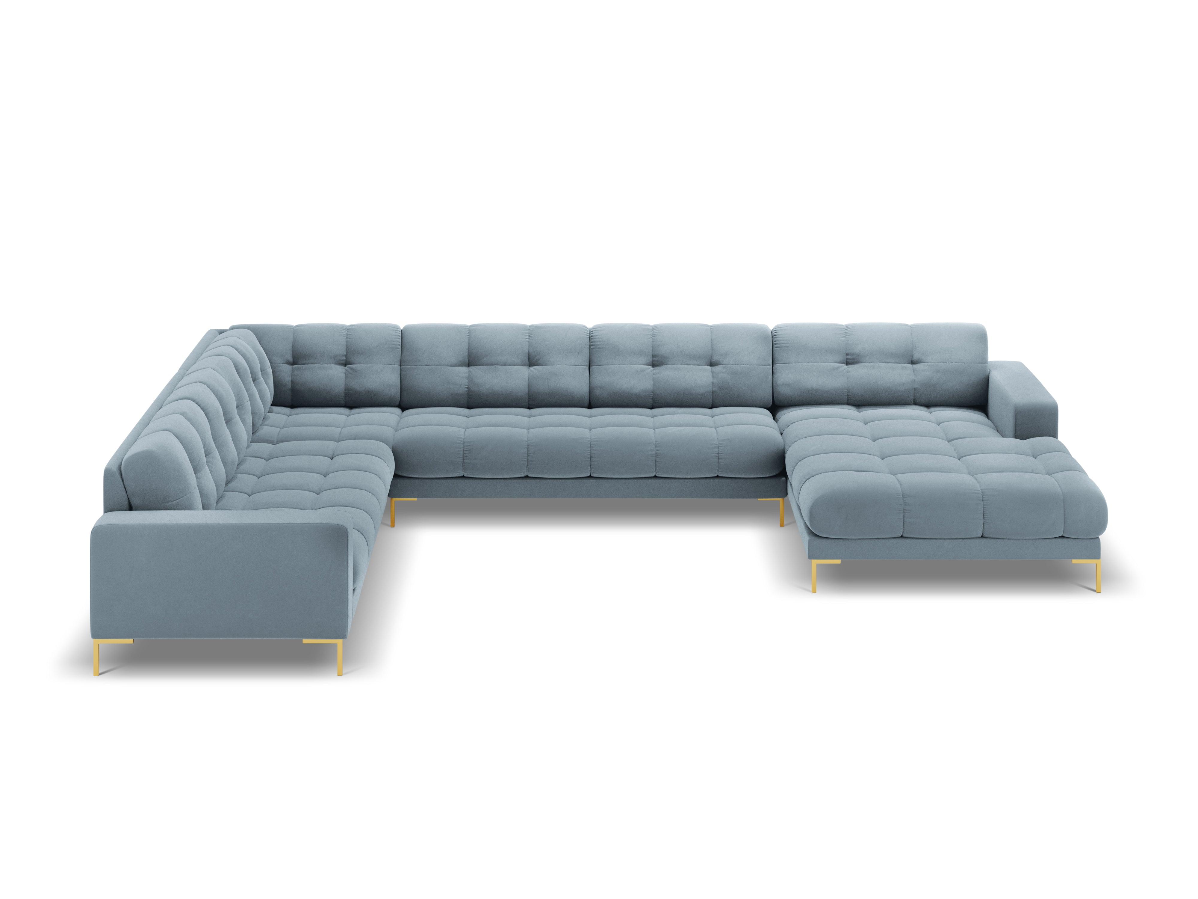 Panoramic velvet sofa left side 7 seater BALI light blue with gold base - Eye on Design