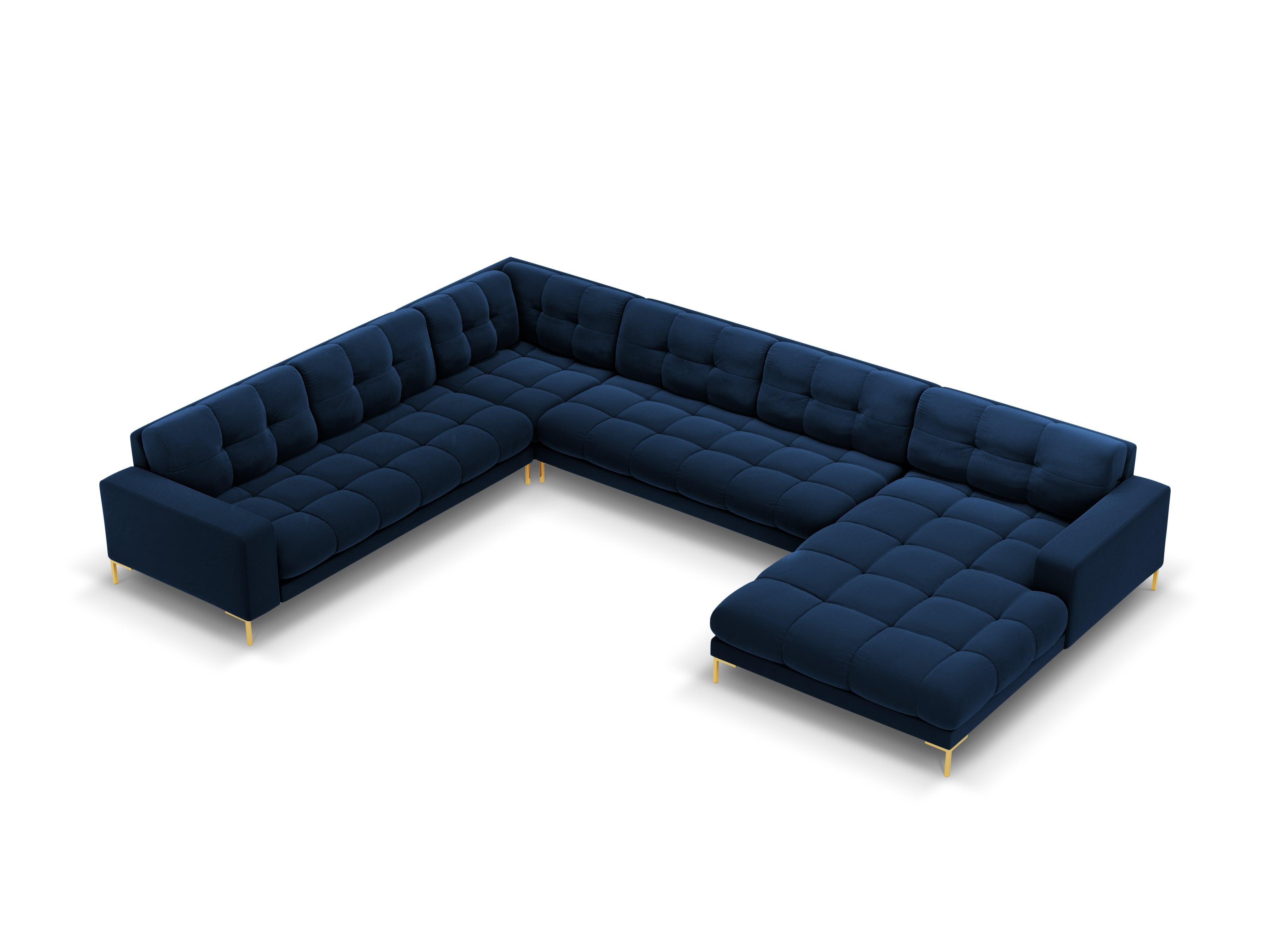 Panoramic velvet sofa left side 7 seater BALI royal blue with gold base - Eye on Design