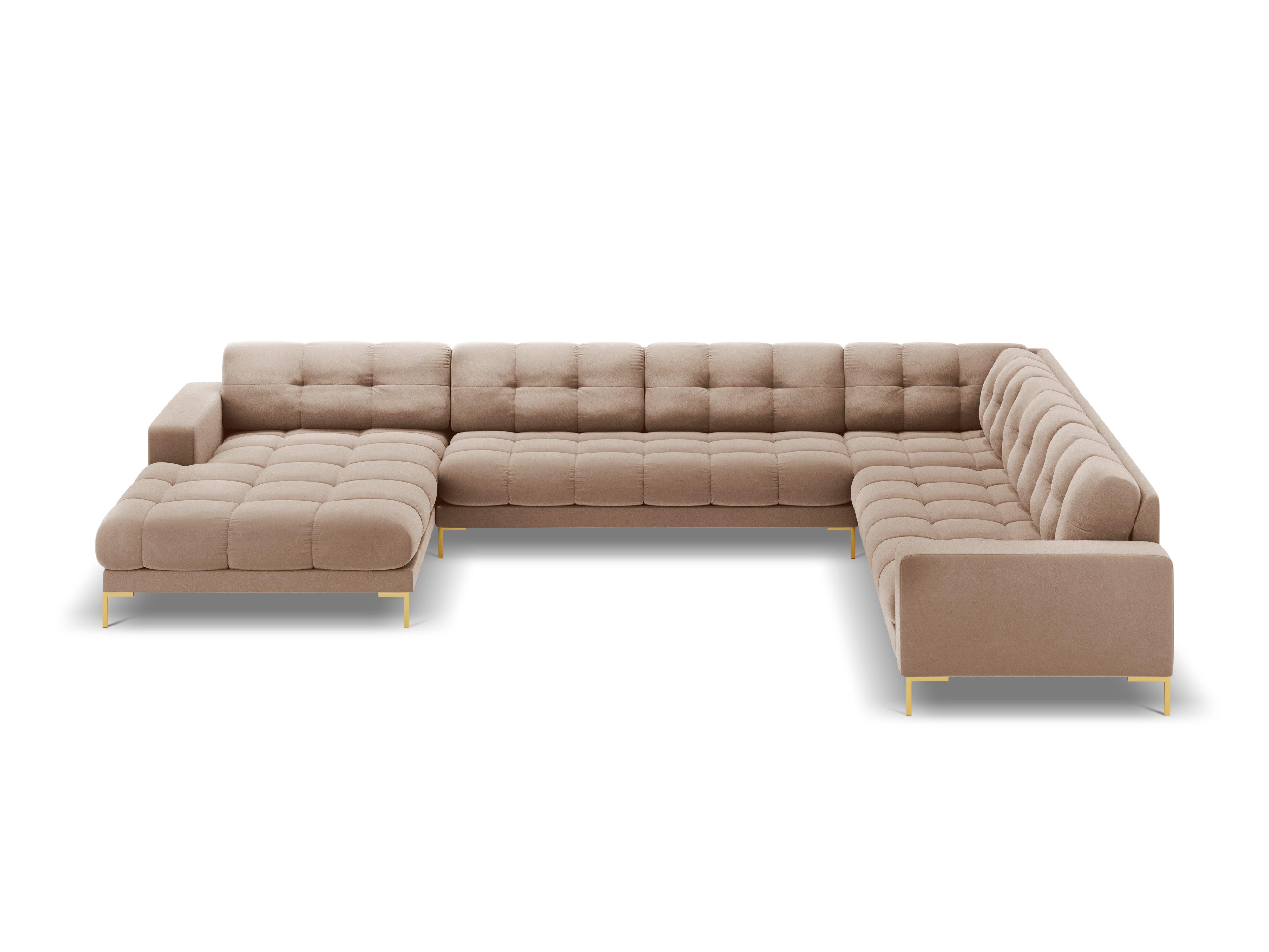 Panoramic velvet sofa right side 7 seater BALI beige with gold base - Eye on Design